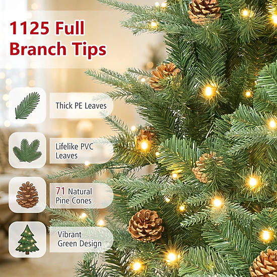 Costway 7Ft/7.5FT/8FT Pre-Lit Christmas Tree Hinged 460/540/600 Lights