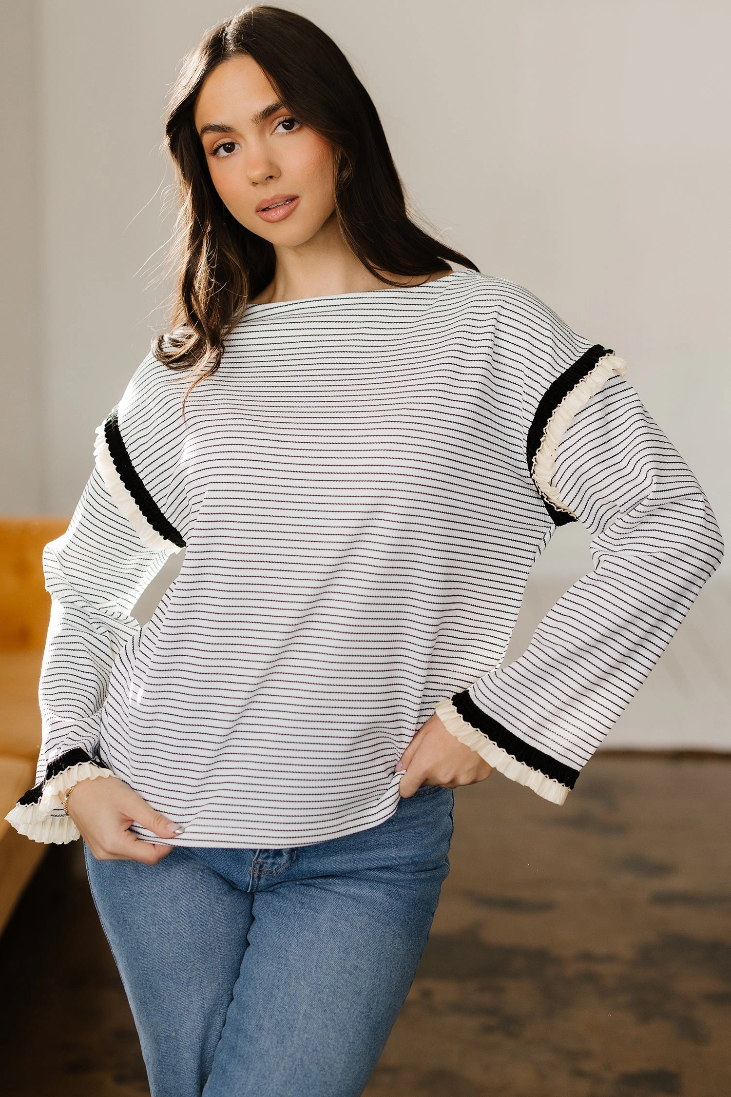 Threaded Pear Women's Anya Ruffle Trim Loose Long Sleeve Top