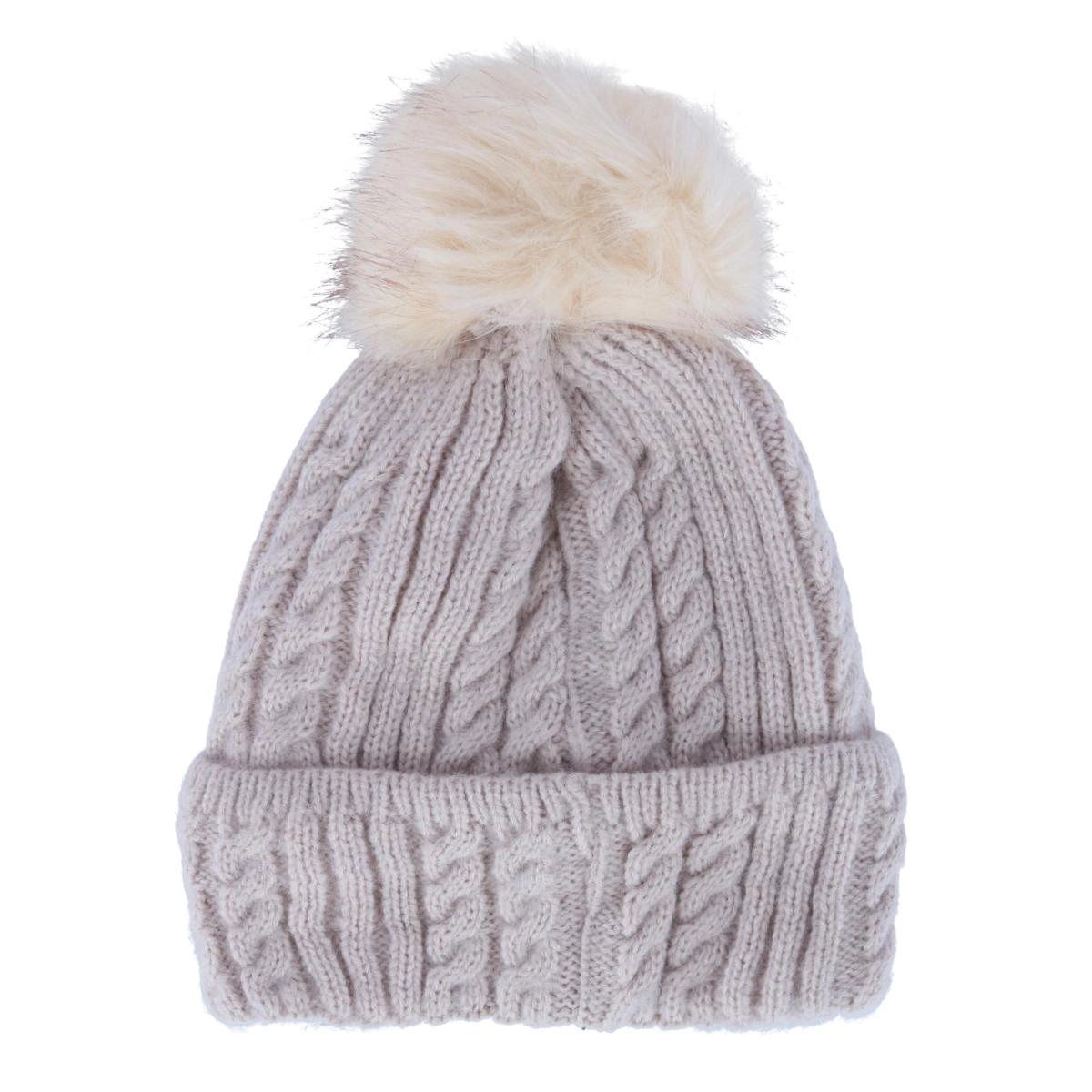 CTM Women's Knit Winter Beanie with Cuff and Synthetic Fur Pom