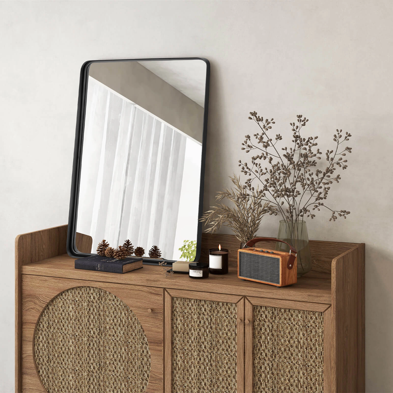 SUGIFT Black Medium Rectangular Wall Mount Bathroom Mirror with Steel Frame and MDF Backboard 30-in H 22-in W