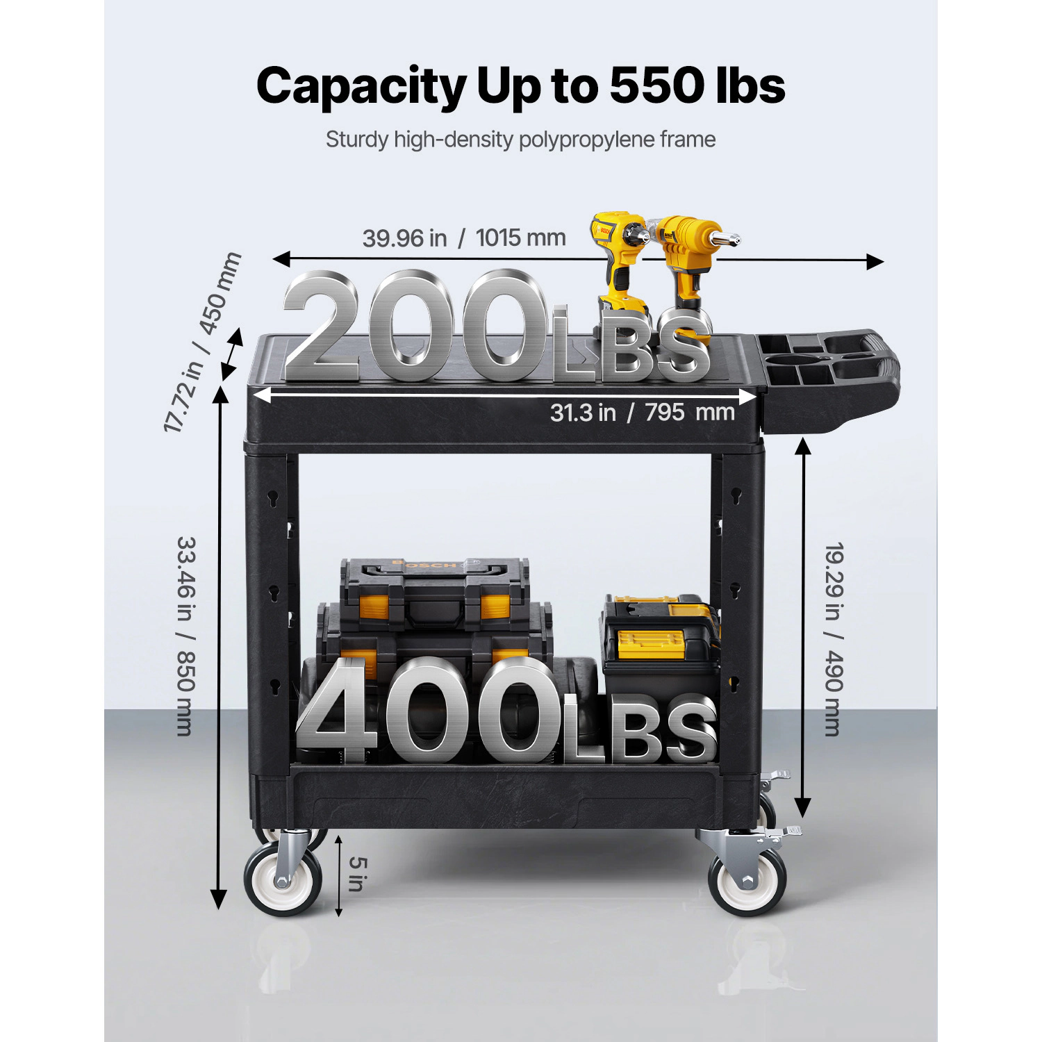 HONGGE Utility Cart 550 lbs Load Capacity Service Cart Two-Shelf Heavy Duty Plastic Utility Cart with 360° Swivel