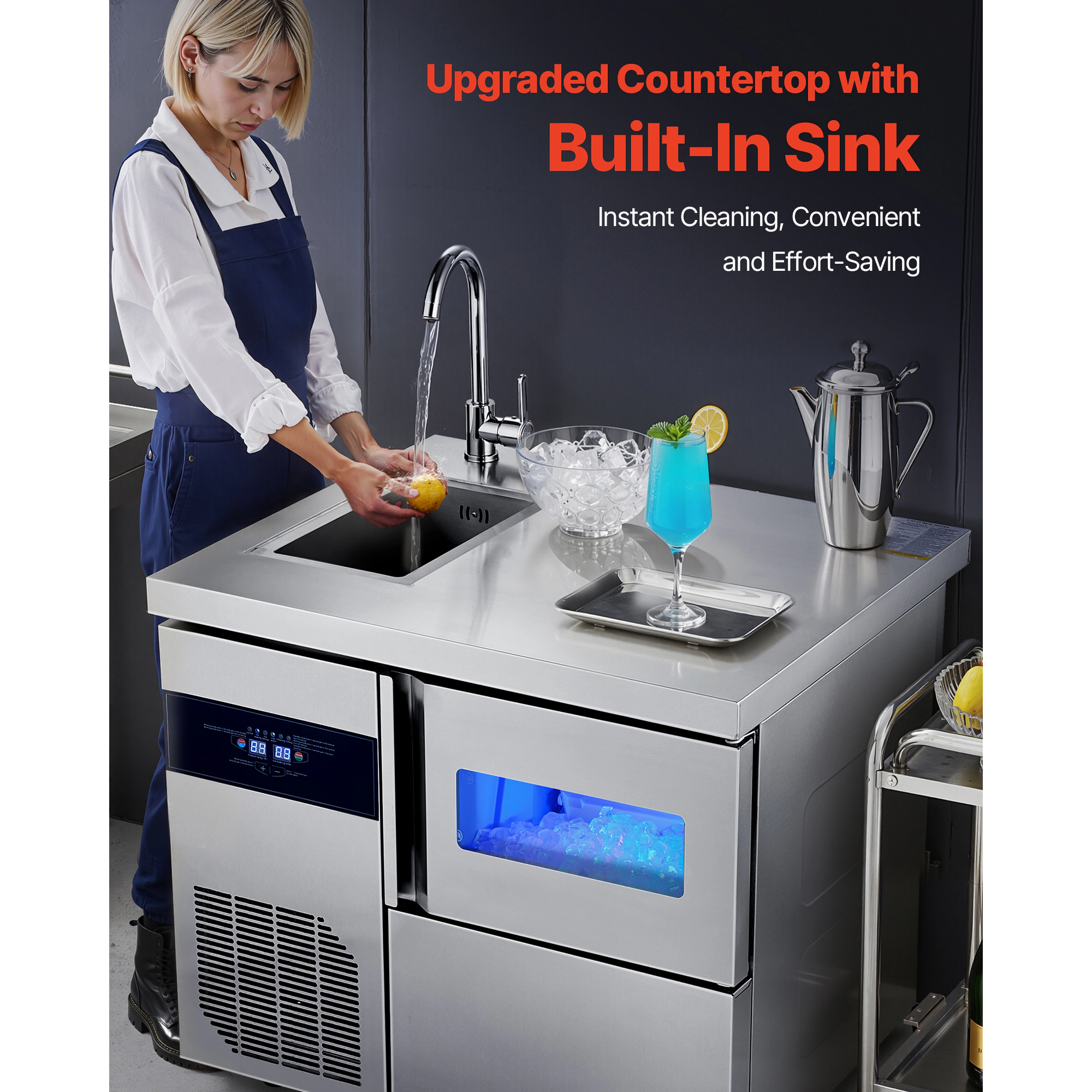 HONGGE Commercial Ice Maker Machine, Stainless Steel Ice Machine with Worktop, Storage & Cubes/Cycle