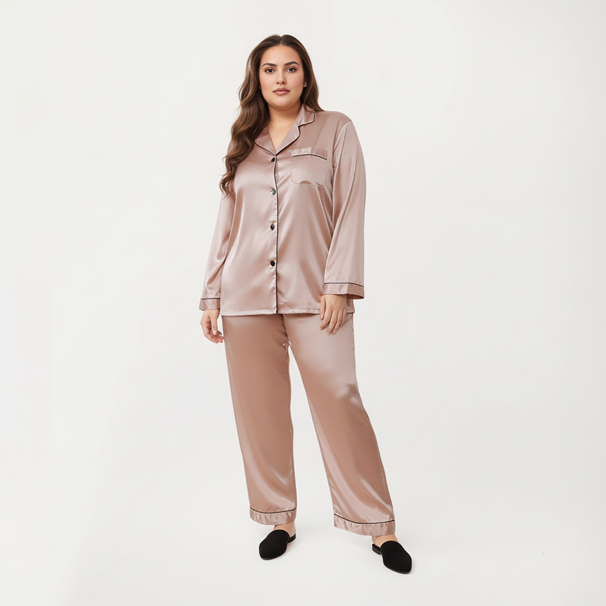 Anna-Kaci Women's Plus Satin Pajama Set with Long Sleeve Button Front Top and Relaxed Straight Leg Pants