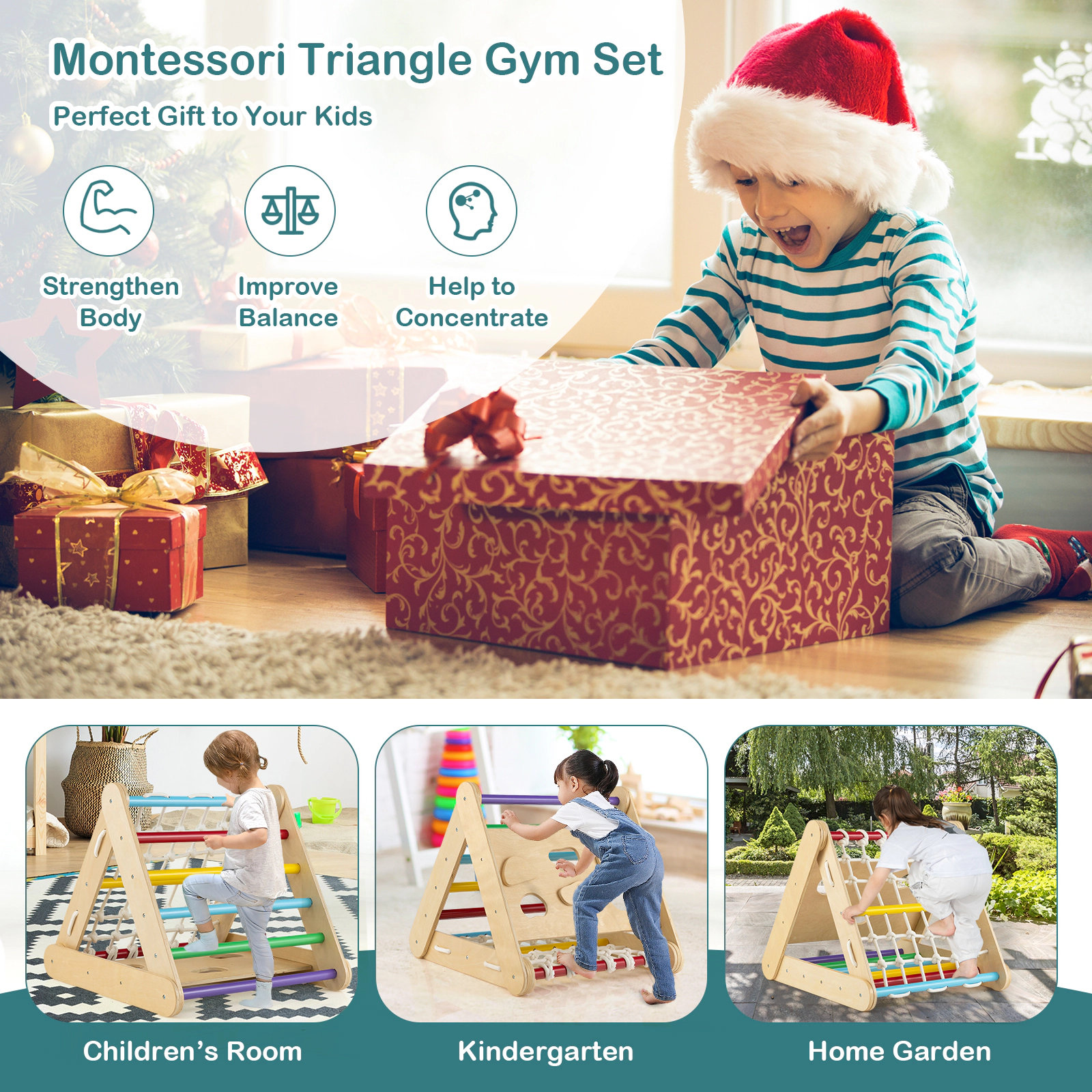 SUGIFT Kids 4-in-1 Triangle Climber with Sliding Board and Climbing Net 24.6-in Tall 132-lb Frame Capacity Multicolor
