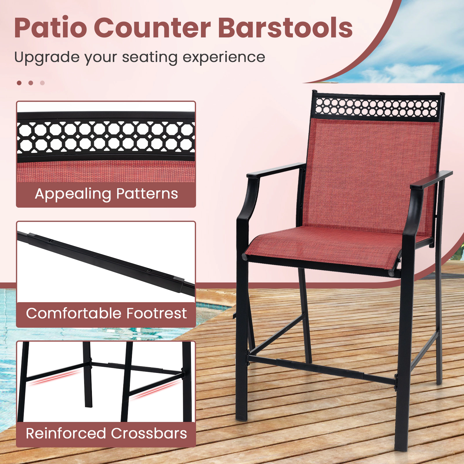 SUGIFT Outdoor Counter Bar Set of 2 Heavy-Duty Barstools with Footrest & Armrests 400-lb Capacity 45-in Tall 25-in Seat