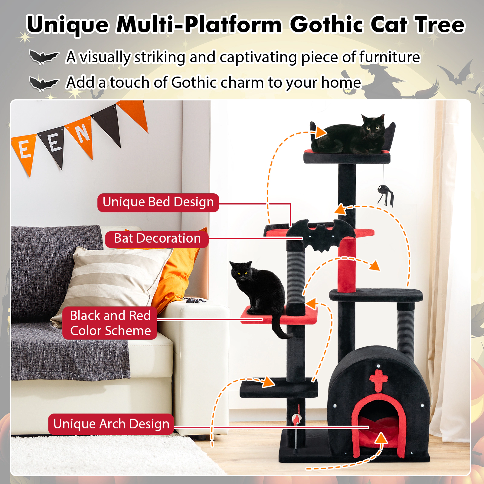 Glintex 53-Inch Gothic Cat Tower with Arch-Shaped Condo and Fenced Cat Bed, Black