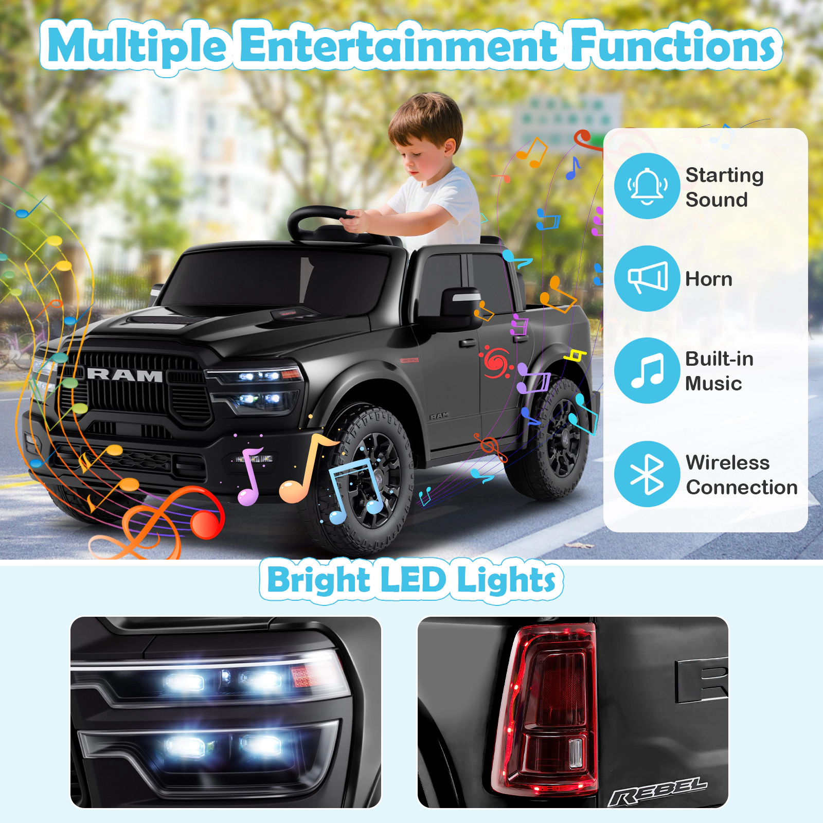 SUGIFT 24V Kids 2-Seater Licensed Ram Ride On Pickup Truck with Remote and Music 110-lb Rider Capacity Black