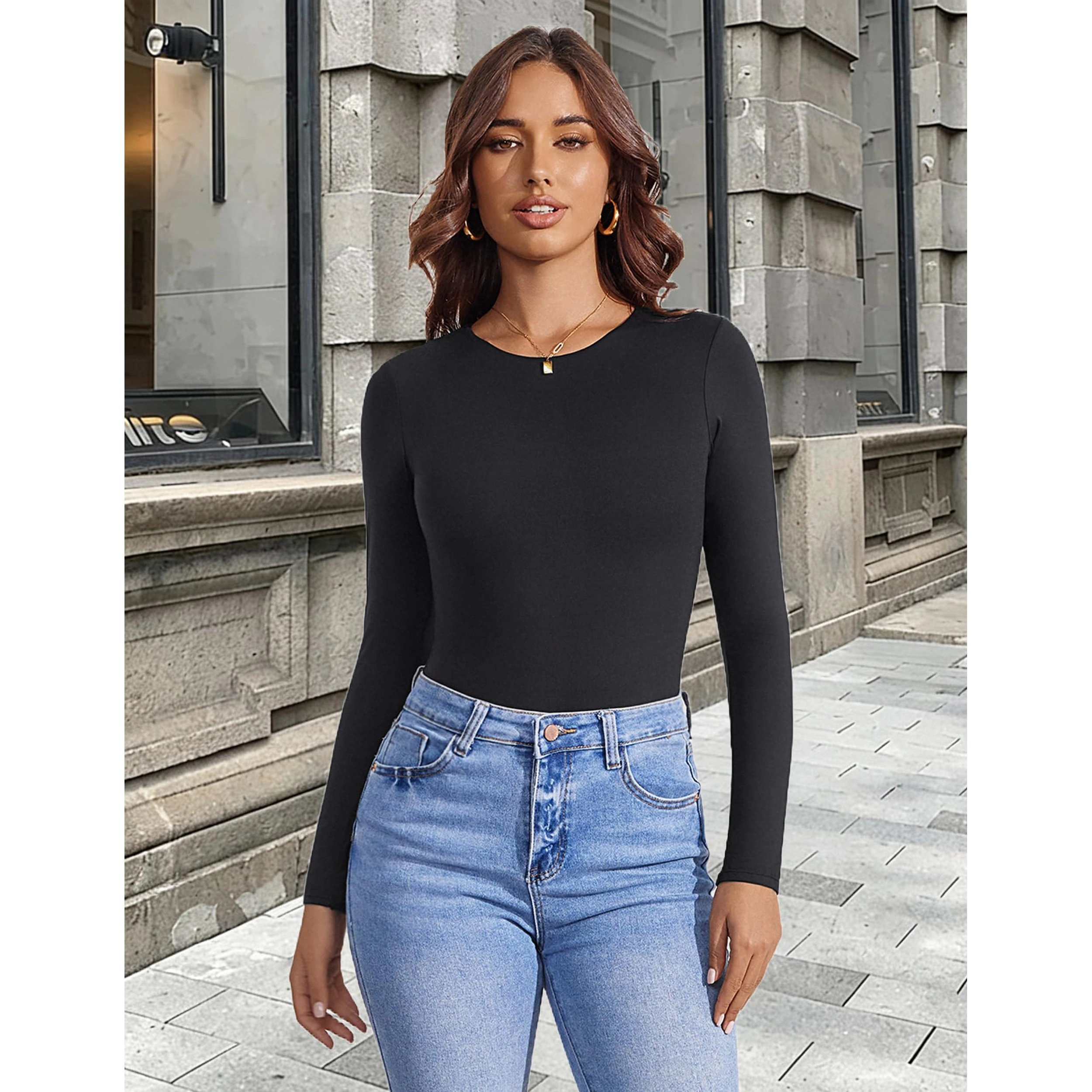Avidlove Women's Crew Neck Long Sleeve Double Lined Thong Bodysuit