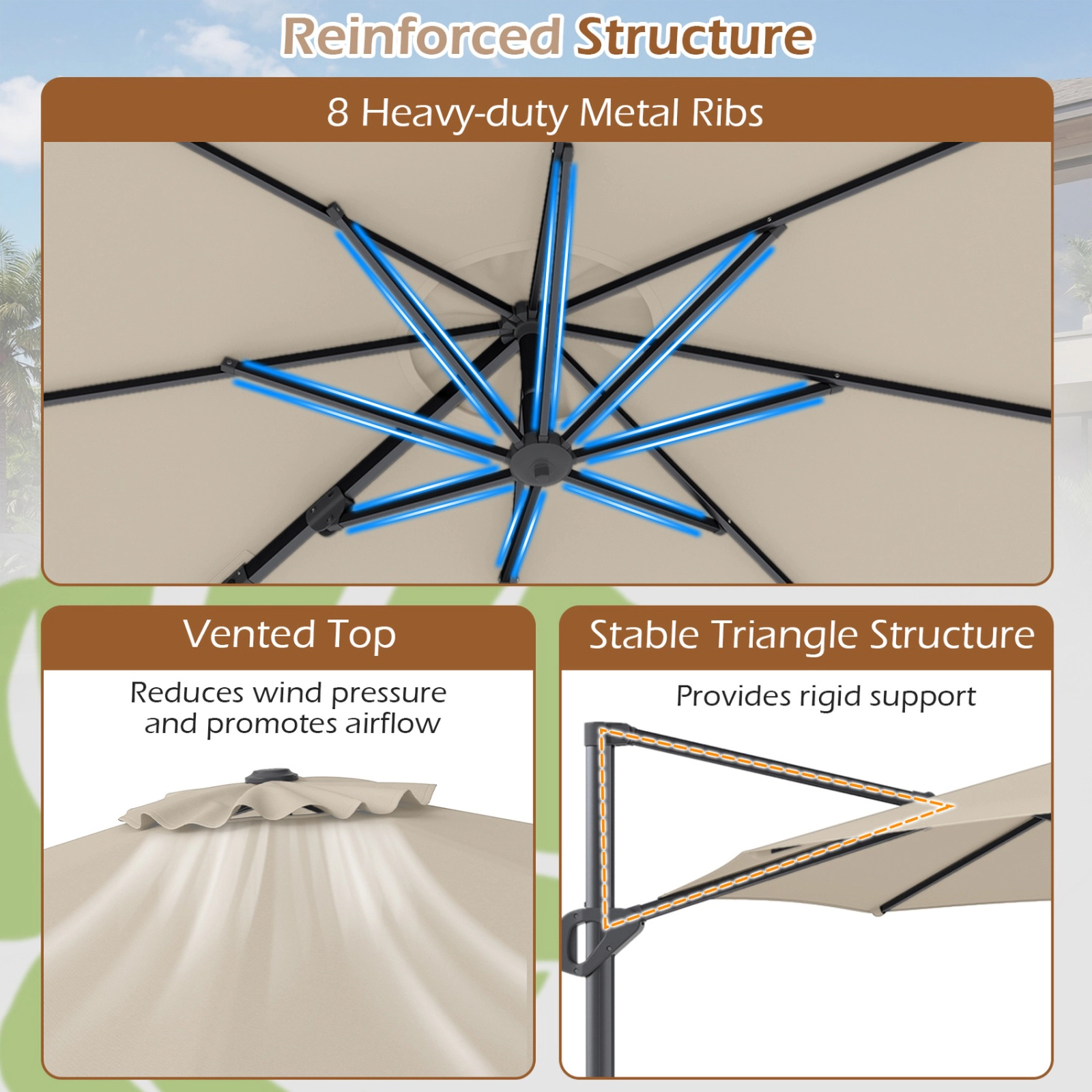 SUGIFT Beige 10 ft Cantilever Patio Umbrella with 6-Position Tilt and 7.2 ft Rim Height