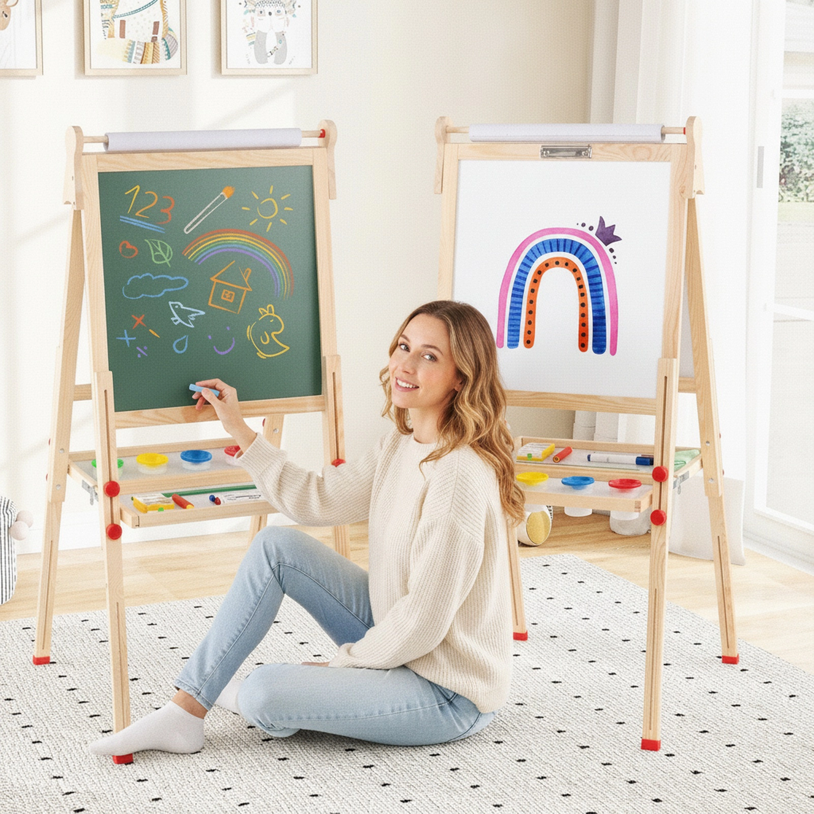 3-in-1 Folding Wooden Art Easel for Kids Ages 3 to 14 Magnetic Whiteboard Chalkboard 88-Piece Kit 16.4-ft Paper Roll