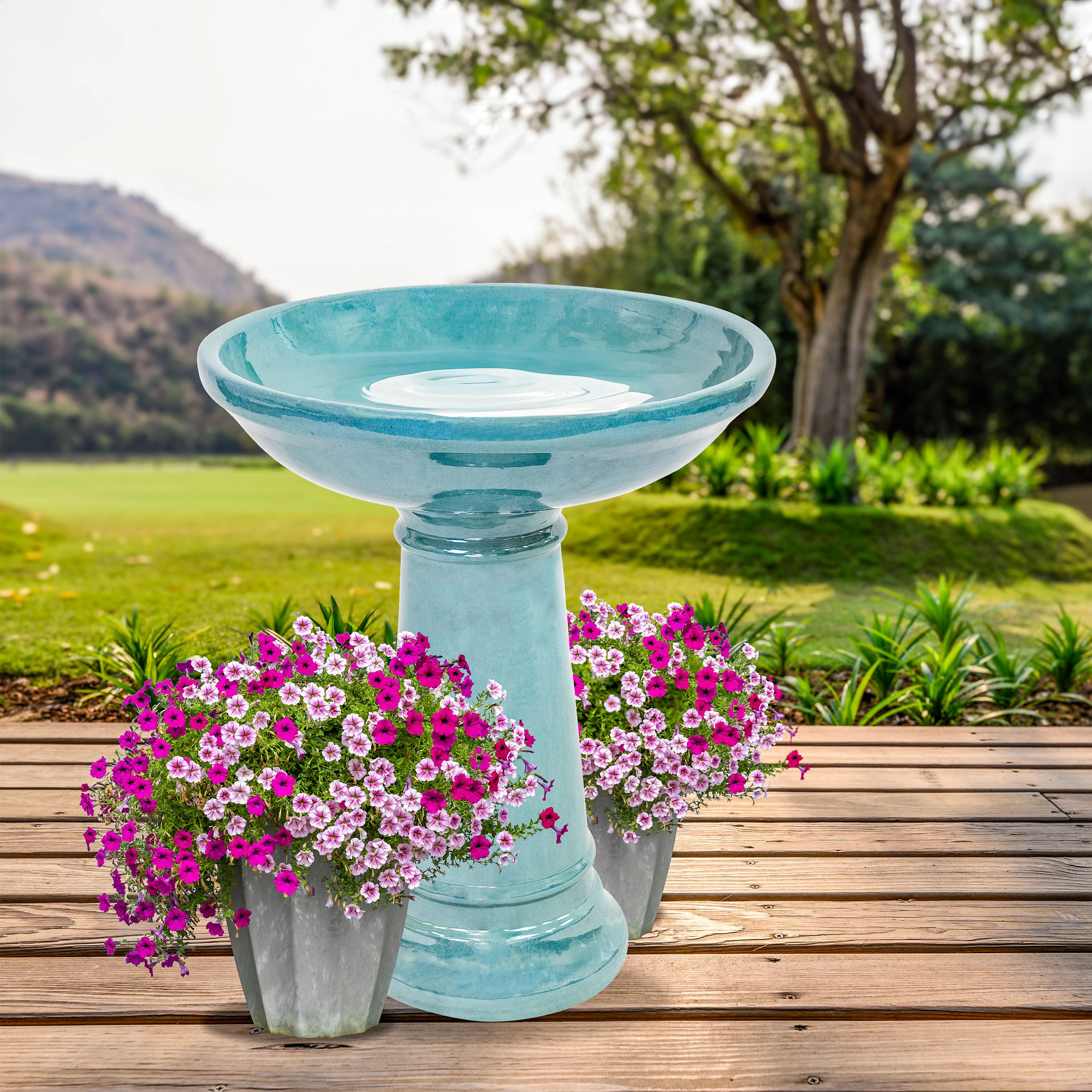 Sunnydaze Calais Glazed Ceramic Bird Bath for Outside, 25” H, Jade Green