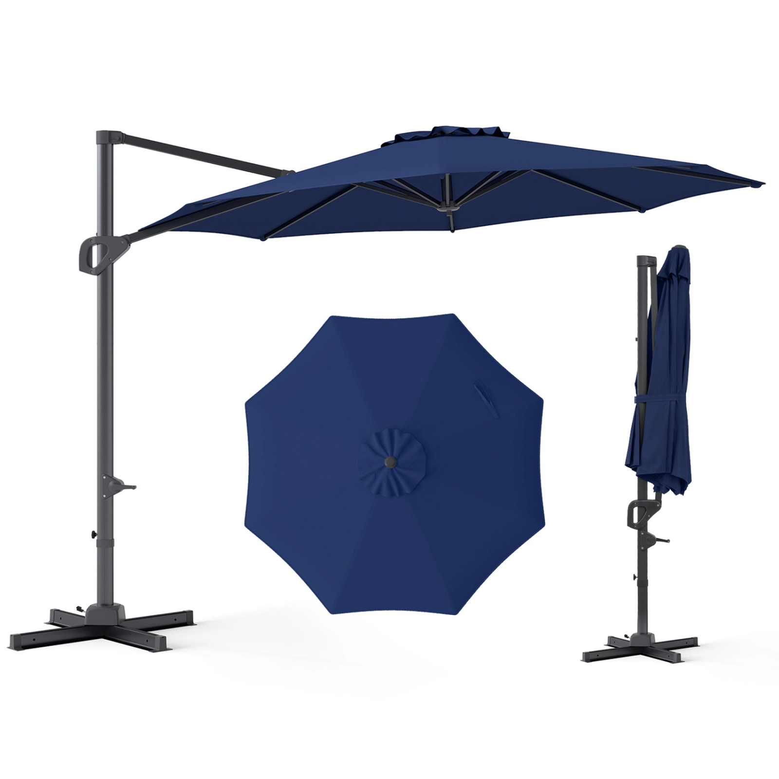 SUGIFT 10-ft Navy Offset Cantilever Patio Umbrella, 40-in Cross Base, 360-Degree Swivel