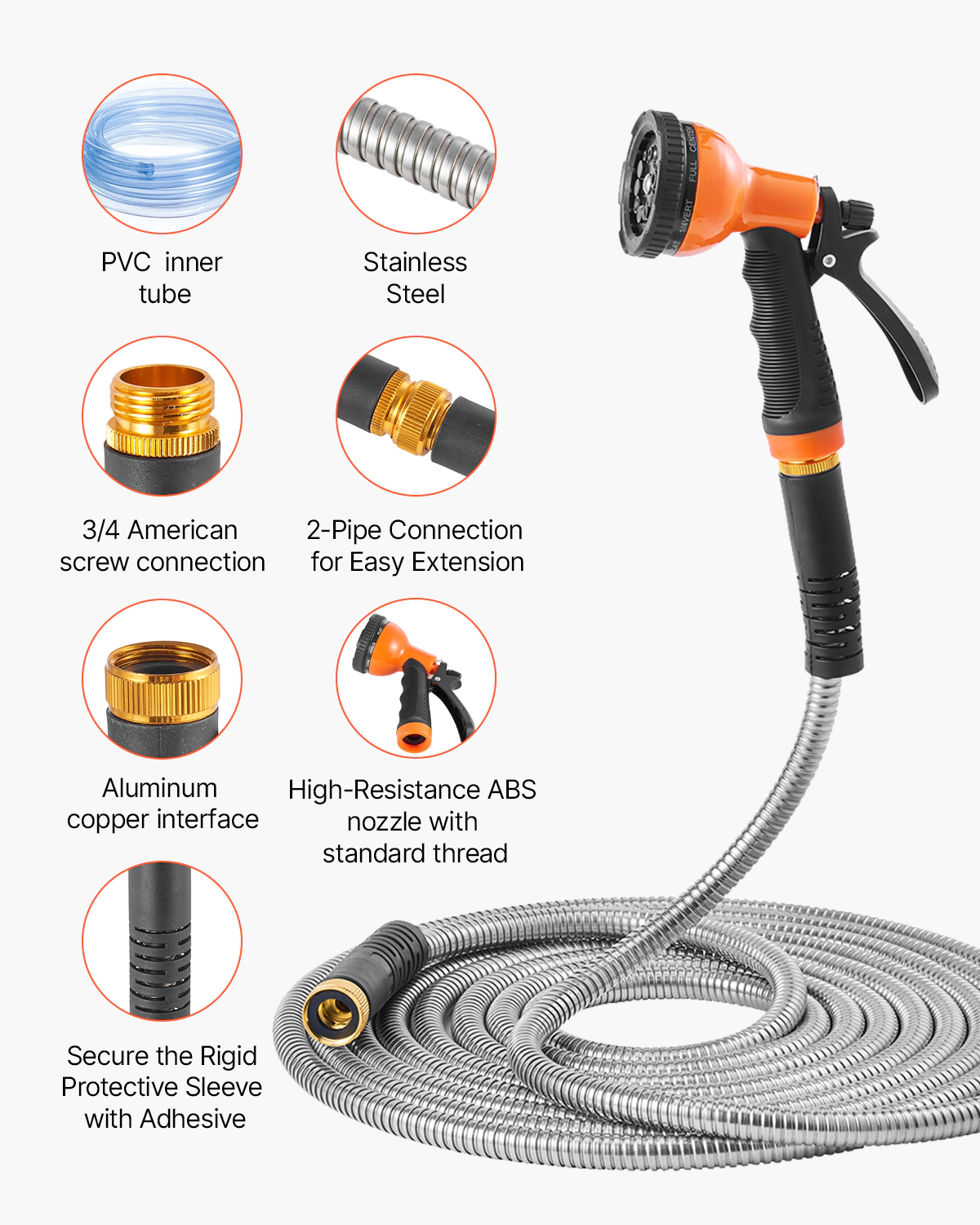 HONGGE 150 ft Stainless Steel Garden Hose, Rust-Proof Lightweight Metal Hose with 10-Function Spray Nozzle
