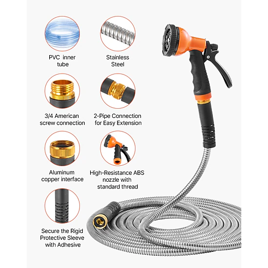 HONGGE 50 ft Stainless Steel Garden Hose, Rust-Proof Lightweight Metal Hose with 10-Function Spray Nozzle
