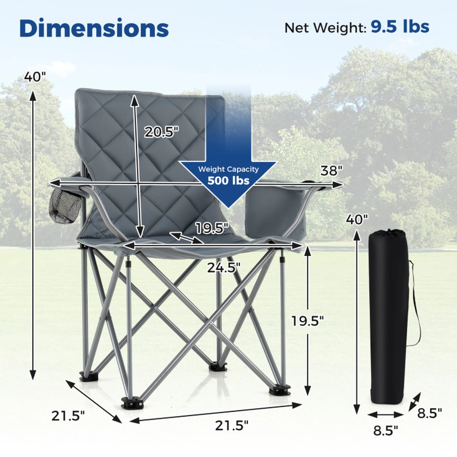 SUGIFT Gray Oversized Folding Camping Chair with Cooler Pouch and Cup Holder 38-in W 40-in H 500-lb Seat Capacity