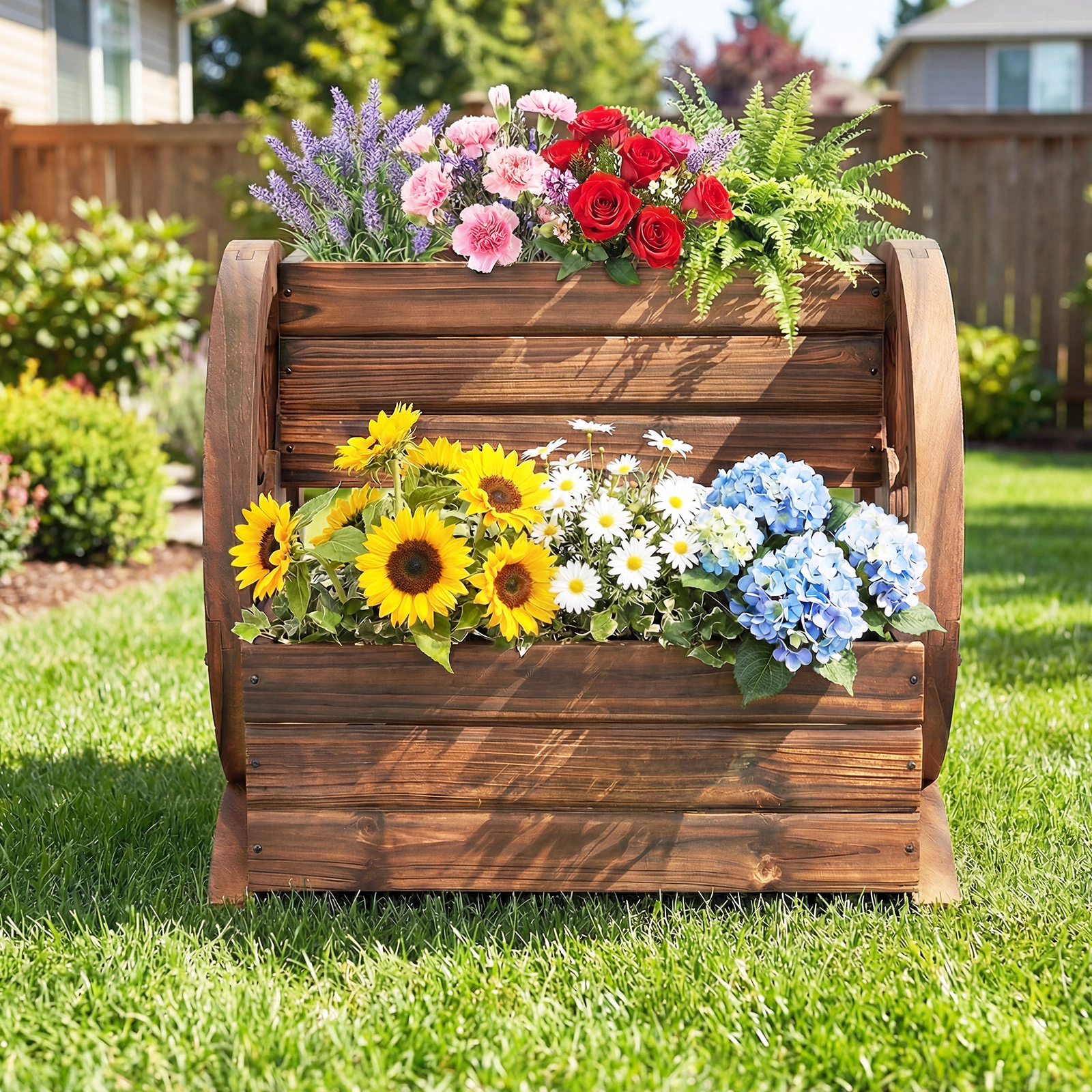 SUGIFT 2-Tier 11-lb Capacity Coffee Fir Wood Wagon Raised Garden Bed Planter with Drainage Hole and Wheels