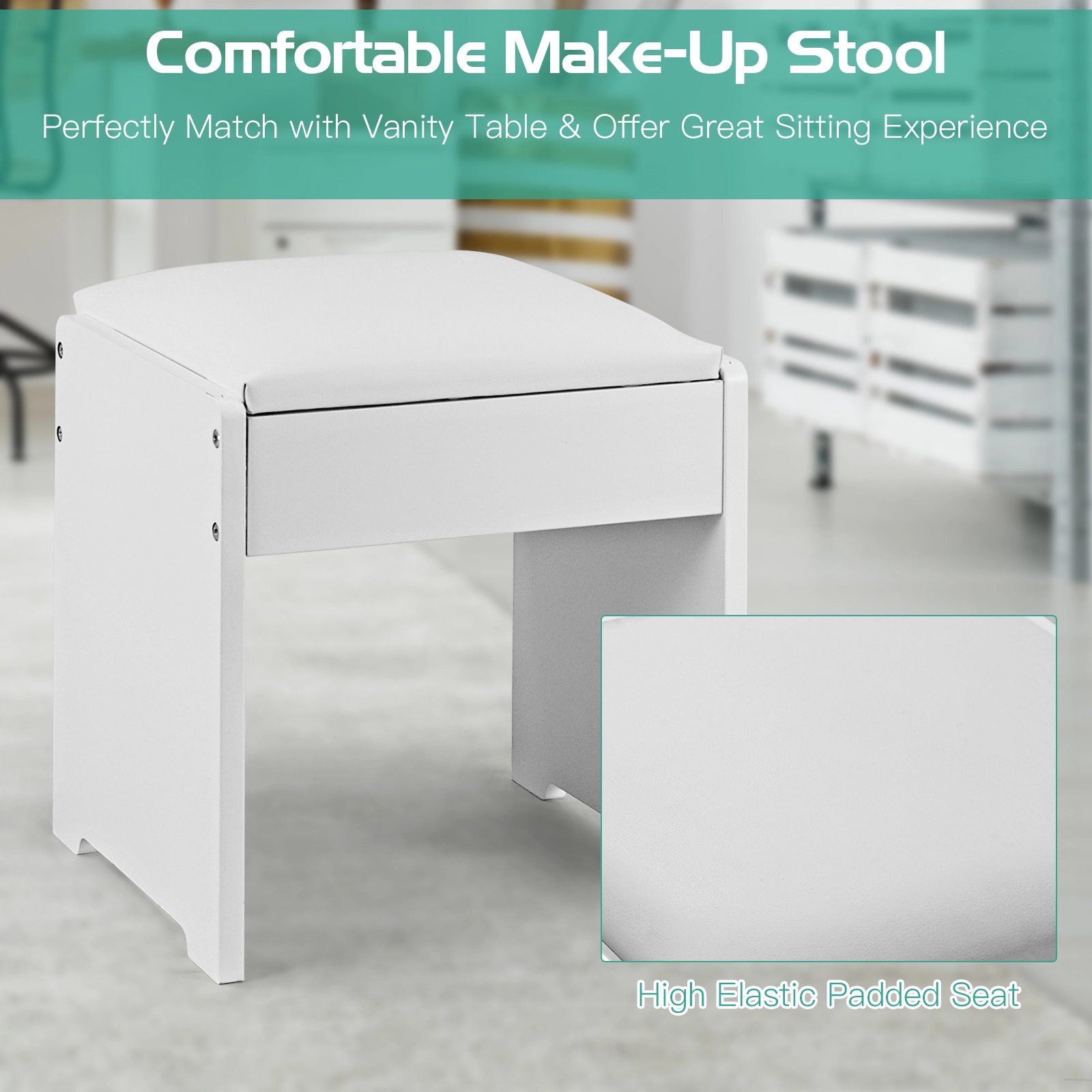SUGIFT 35.4-in White Flip Top Vanity Makeup Dressing Table Set with Hidden Storage and Cushioned Stool