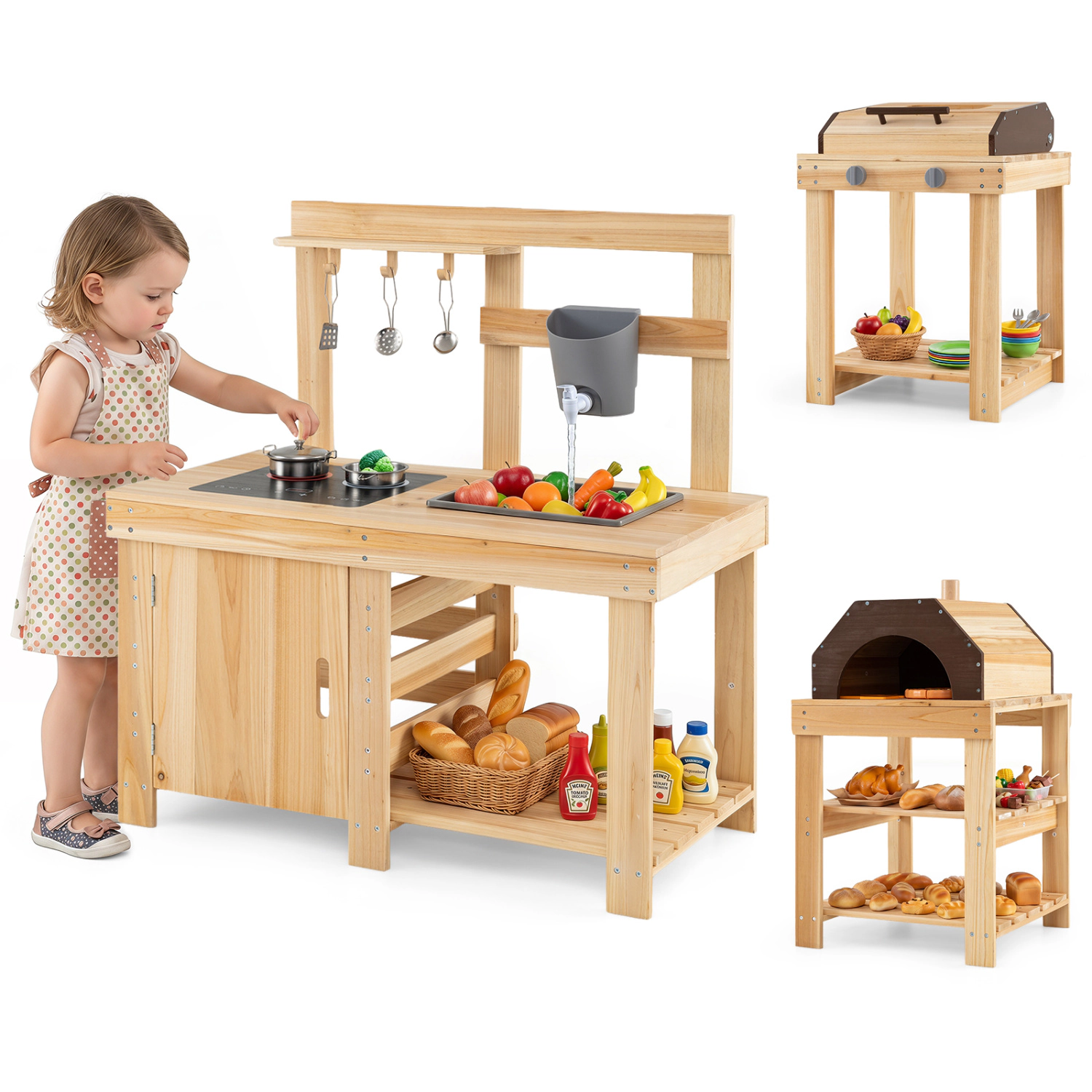 LJG Kids 3-Piece Outdoor Kitchen Set Mud Kitchen with Separate BBQ Grill and Pizza Oven