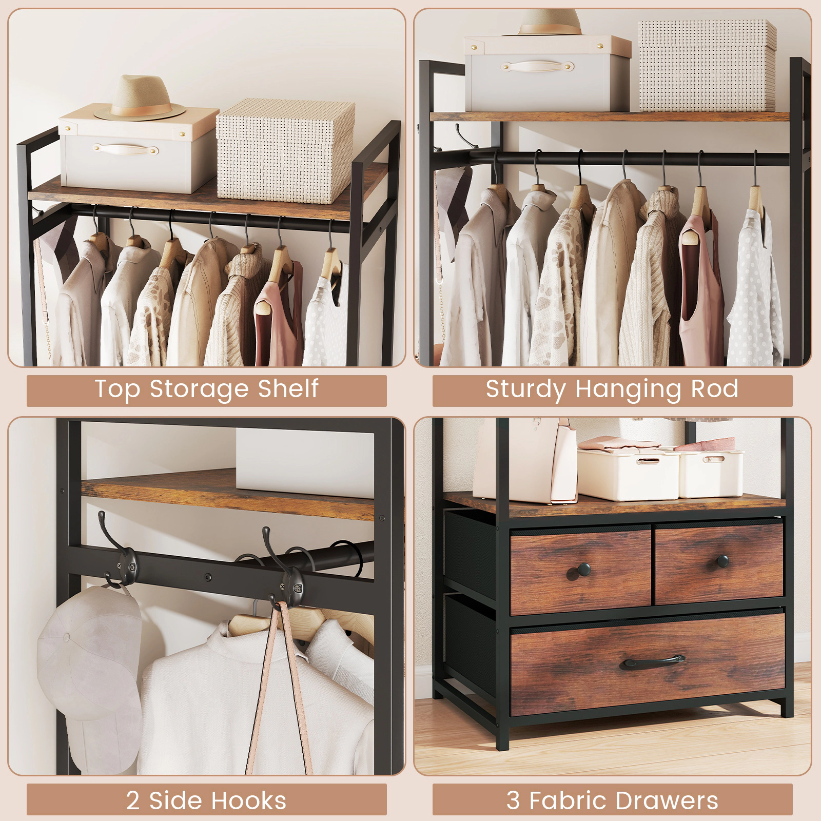 SUGIFT 69-in Tall Industrial Open Wardrobe Clothes Rack with 3 Fabric Drawers Shelves and Side Hooks