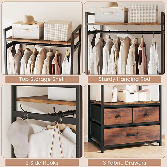 SUGIFT 69-in Tall Industrial Open Wardrobe Clothes Rack with 3 Fabric Drawers Shelves and Side Hooks