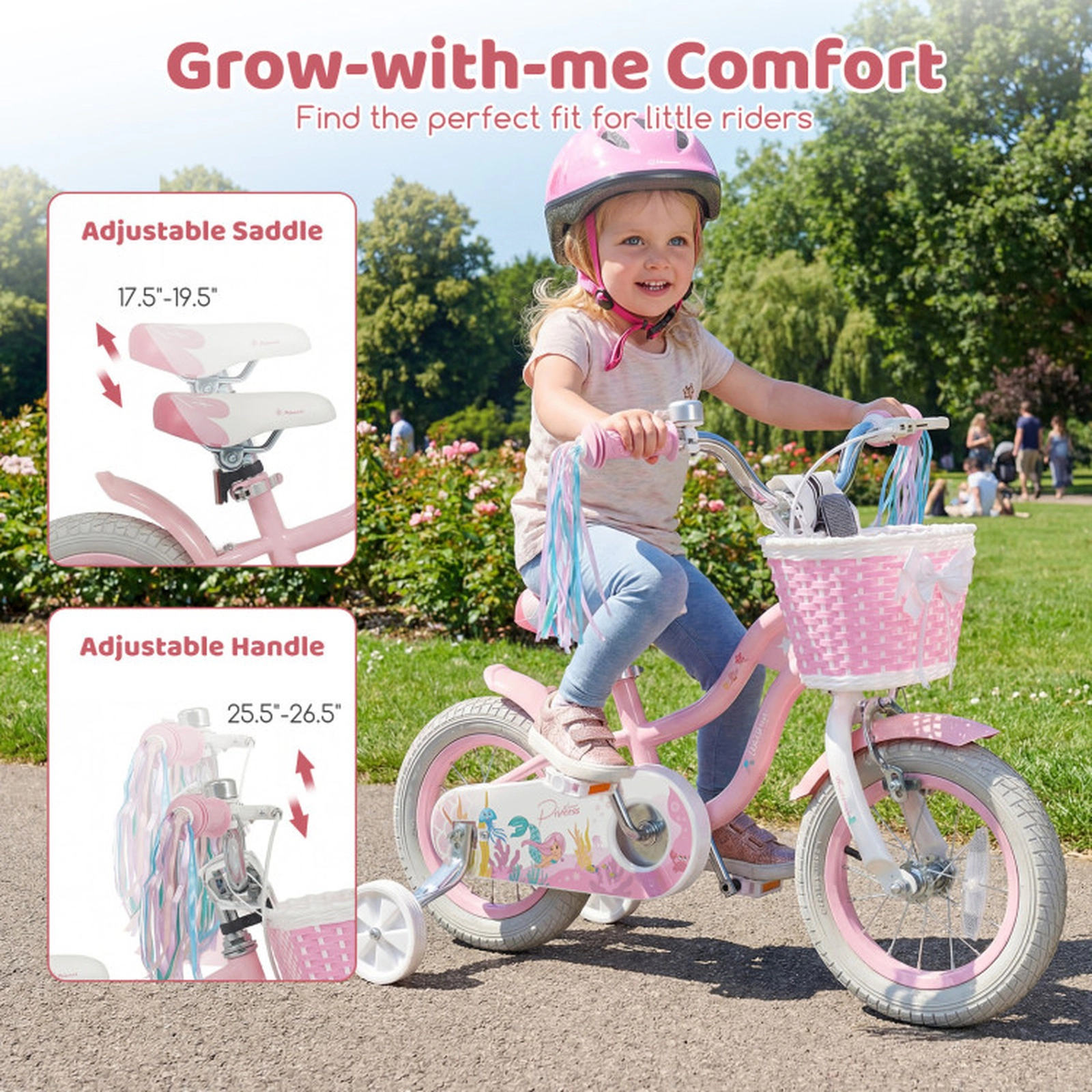 SUGIFT Adjustable 12-Inch Kids Bicycle with Training Wheels Basket and Streamers 110-lb Capacity Ages 3-4 Pink
