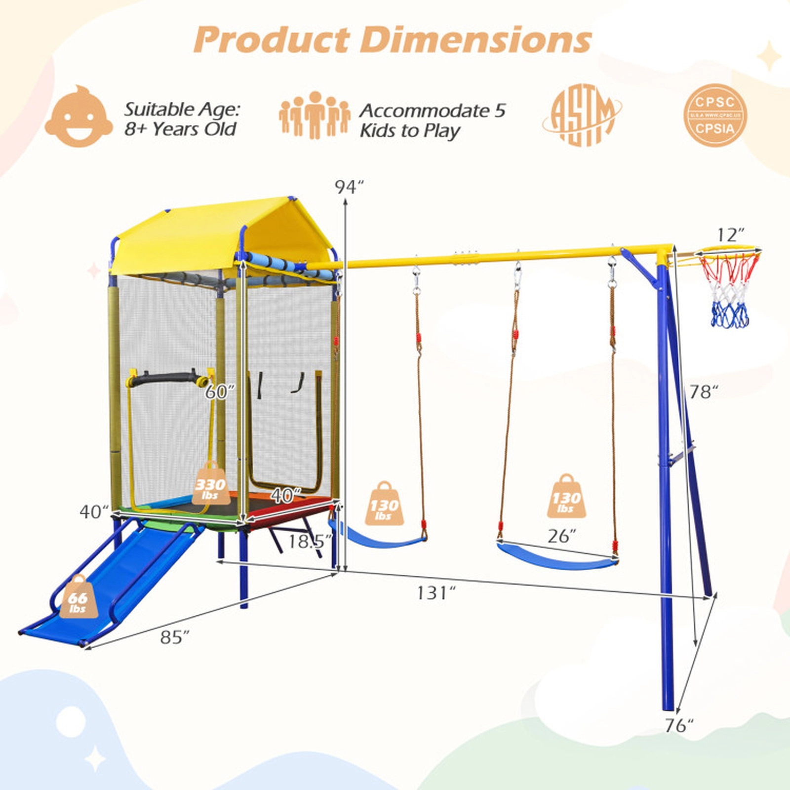 SUGIFT 5-in-1 Kids Outdoor Swing Set with Trampoline and Basketball Hoop 330-lb Trampoline Capacity 8+ Years Yellow+Blue