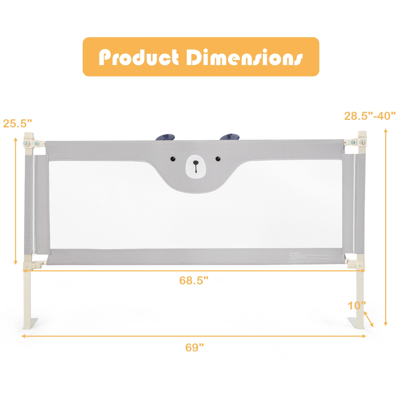 Vertical Lifting Baby Bed Rail Guard with Double Lock 28.5-in to 40-in Adjustable Height Breathable Mesh Steel Gray