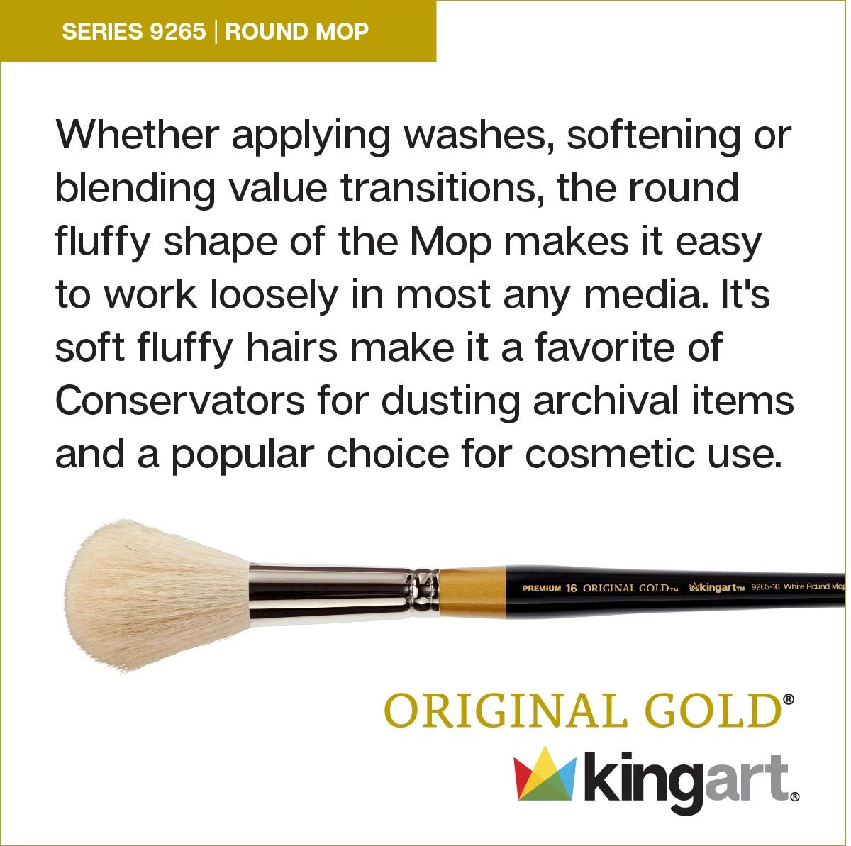 KINGART Original Gold 9265 Round Mop Brush - Short Handle, White Synthetic Hair