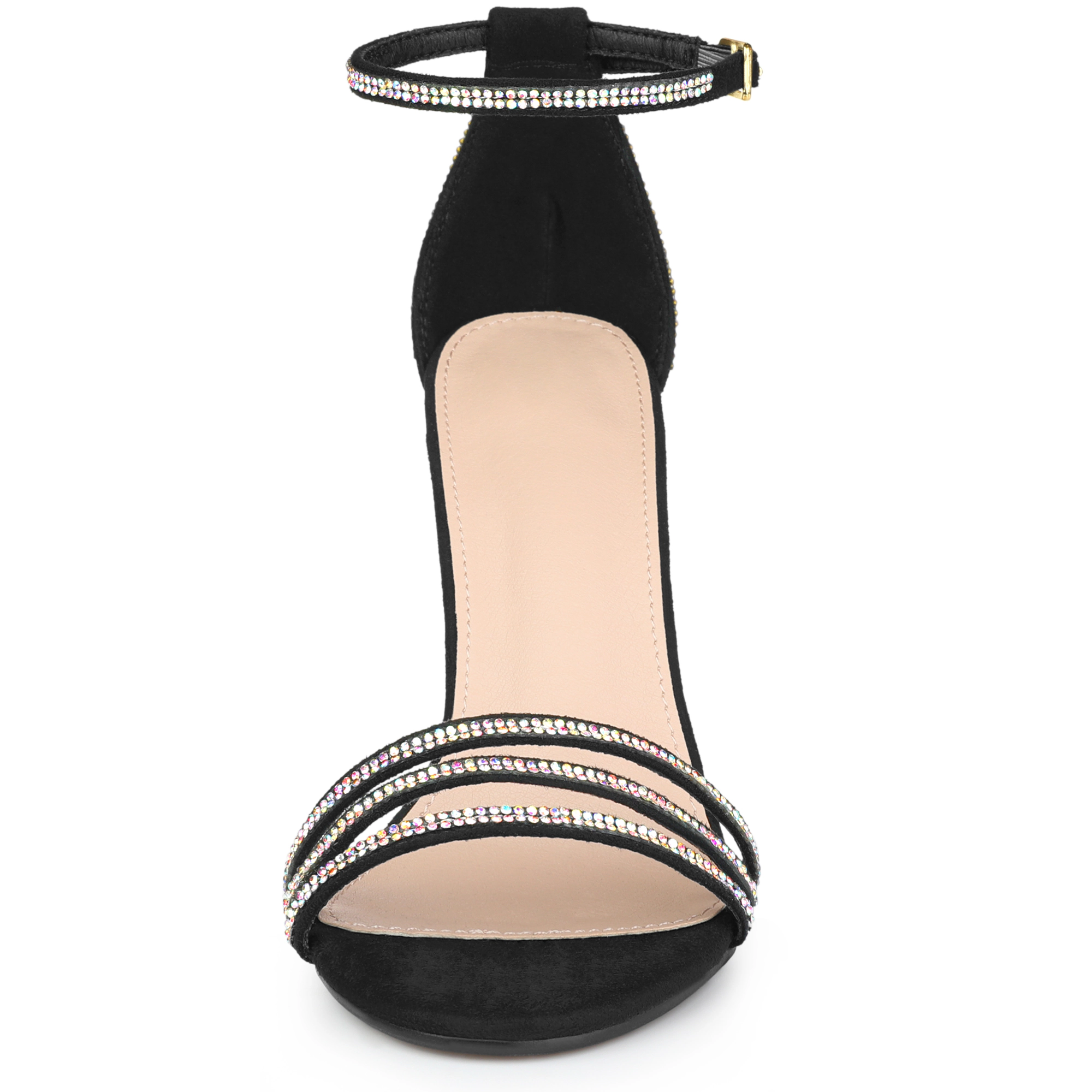 BLISSFUL STEP Women's Rhinestone Ankle Strap Open Toe Stiletto Heeled Sandals