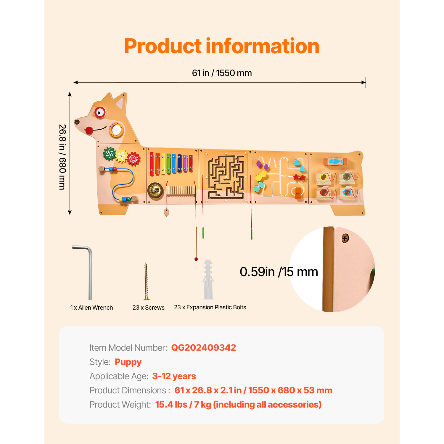 HONGGE Puppy Wall Busy Board with 12 Activities, Wide Montessori Sensory Panel for Kids Ages 3 to 12