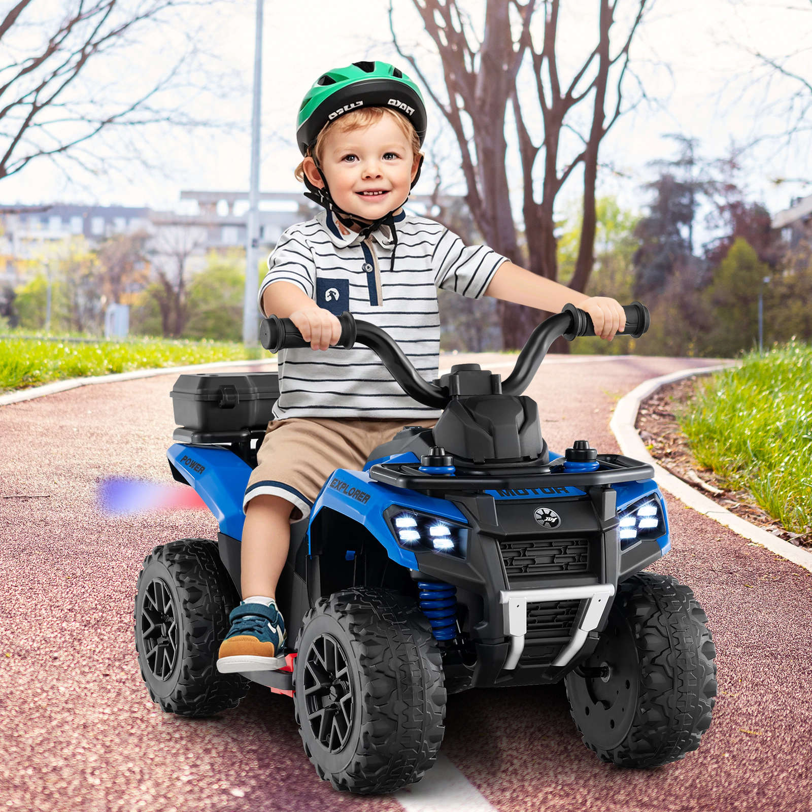 SUGIFT 6V Kids Ride On ATV with Spray Function and Storage Box 44-lb Capacity Ages 18 Months and Up 27-in Body Blue