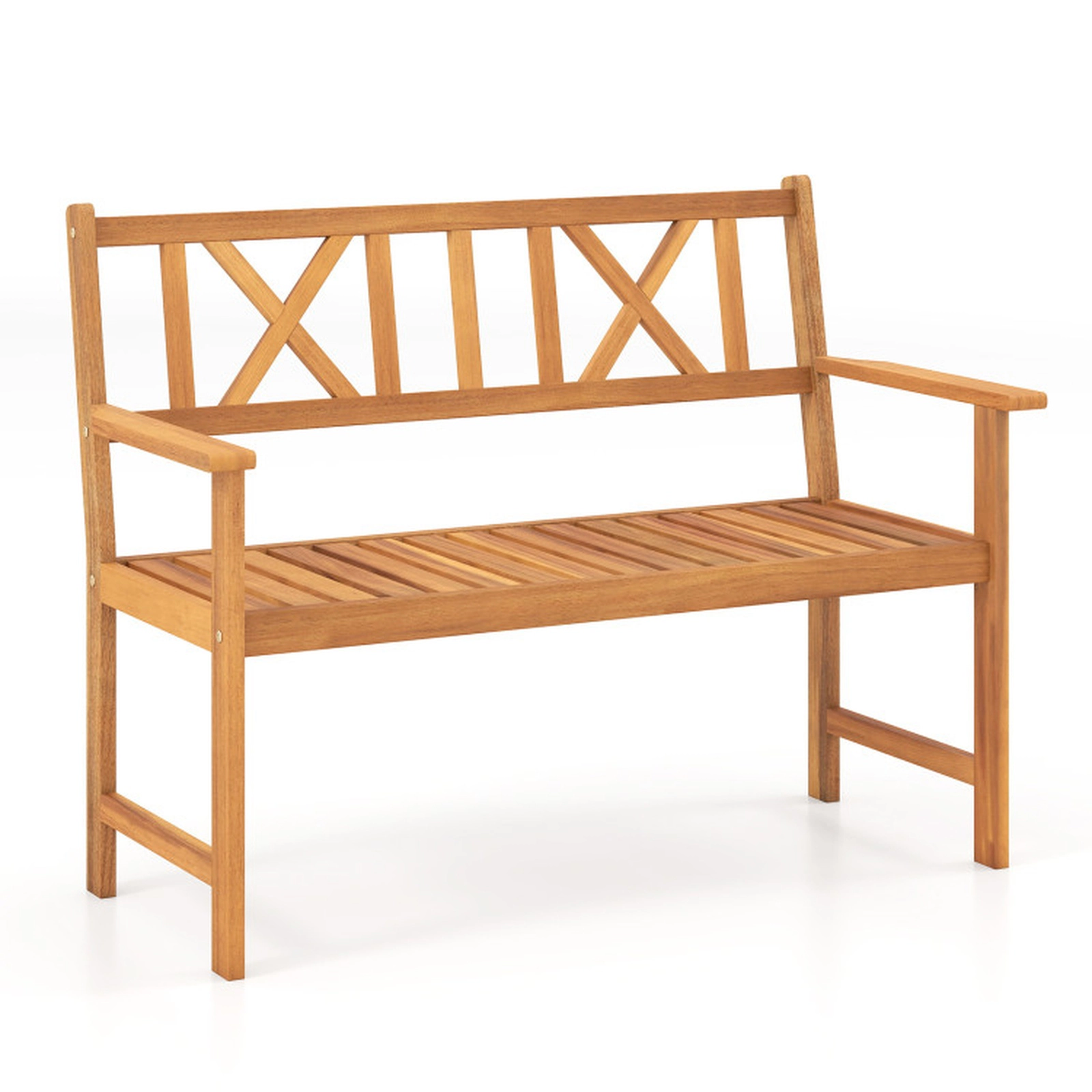 SUGIFT 2-Person Acacia Wood Patio Garden Bench with Armrests and X-Shaped Backrest 800-lb Capacity Natural