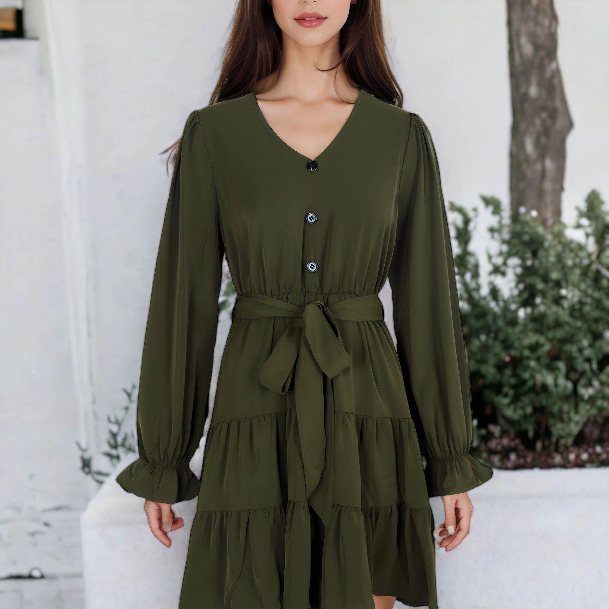 Anna-Kaci Women's Chiffon V-Neck Bell Sleeve Belted Shirt Dress