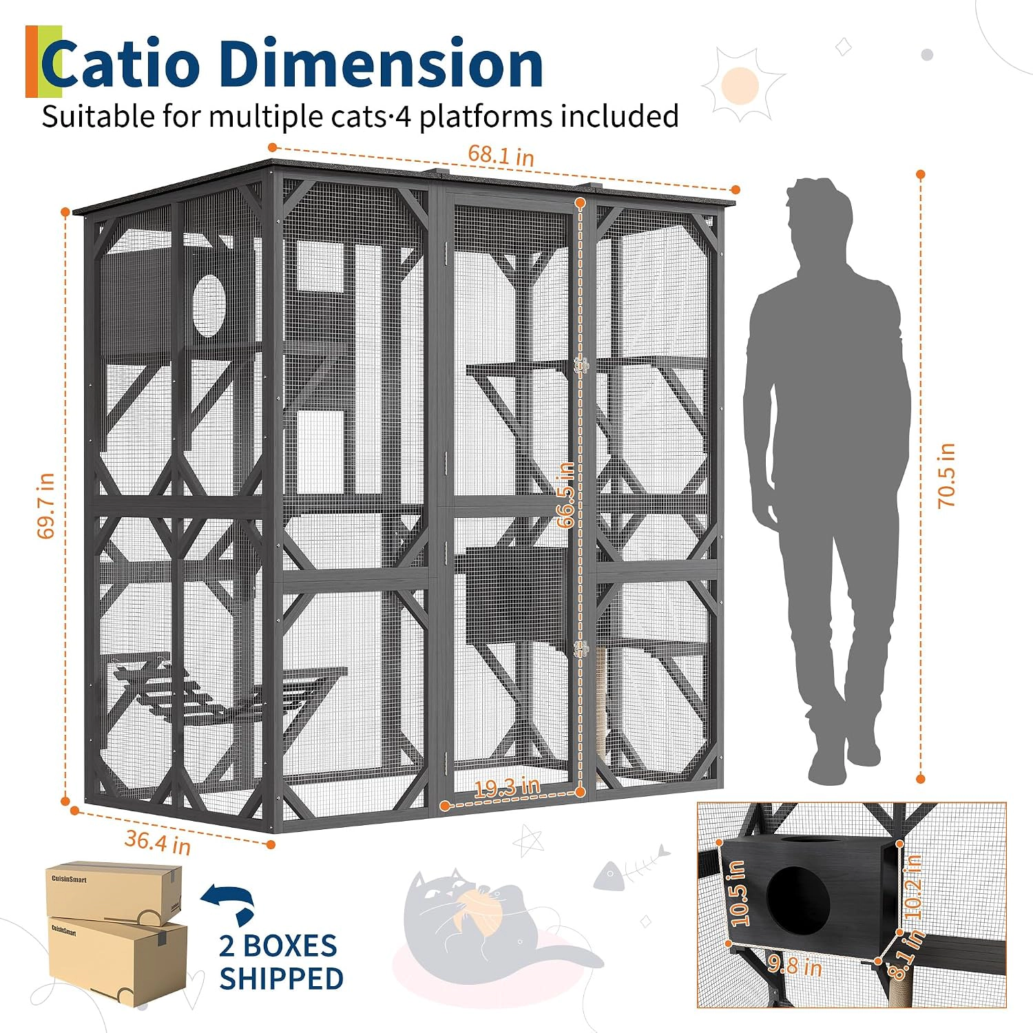 173x92.4x177cm Large Outdoor Wooden Catio Enclosure, Walk-In Cat Cage with Platforms, Gray
