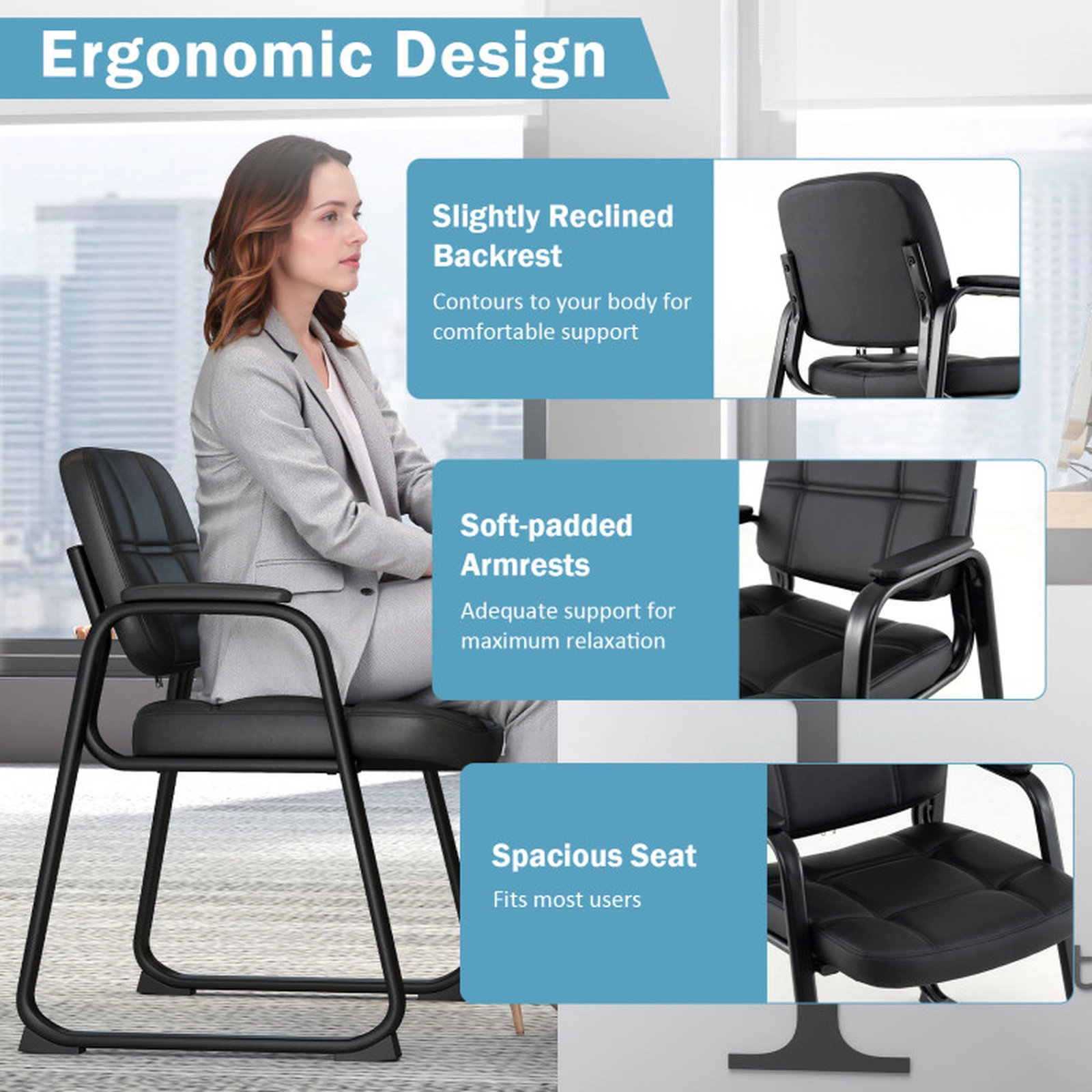SUGIFT Set of 2 Padded PU Leather Sled Base Waiting Room Guest Chairs 23-in x 22.5-in x 32.5-in 330-lb Capacity Black