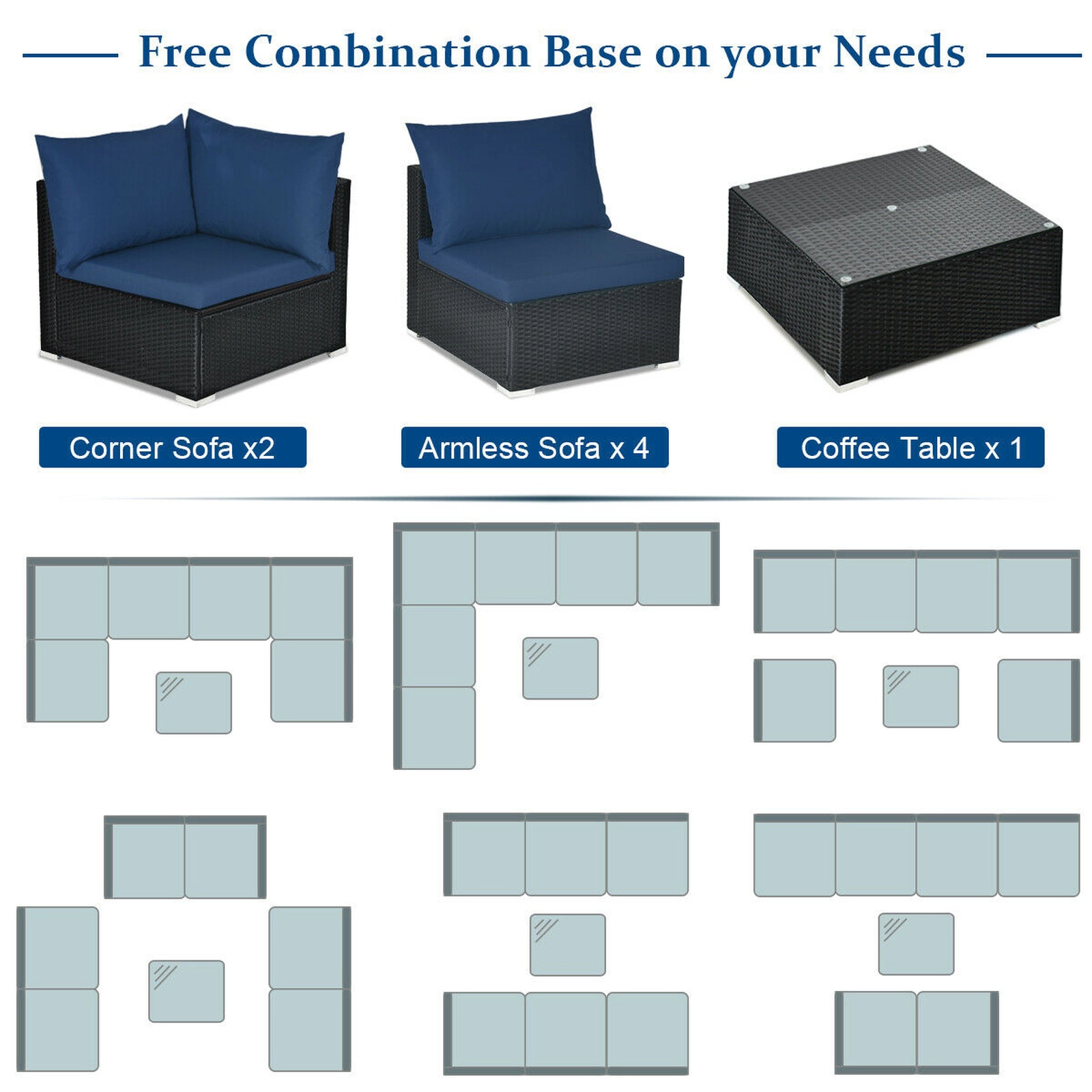 SUGIFT Tempered Glass Top Table and Cushions 7-Piece Outdoor Wicker Sectional Sofa Set