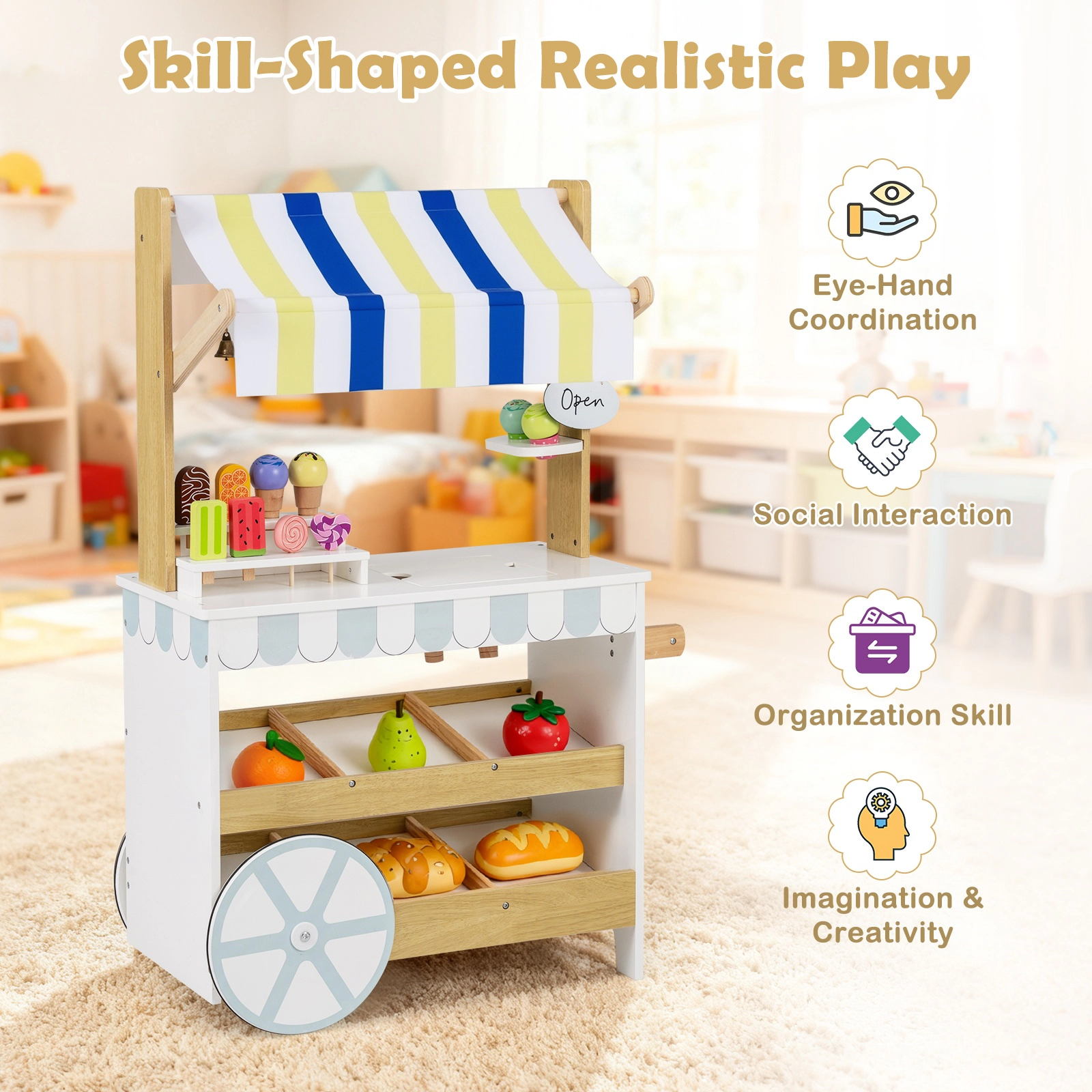 SUGIFT 2-in-1 Wooden Ice Cream Cart and Grocery Store Playset with 20.5-in Countertop Ages 3+ White