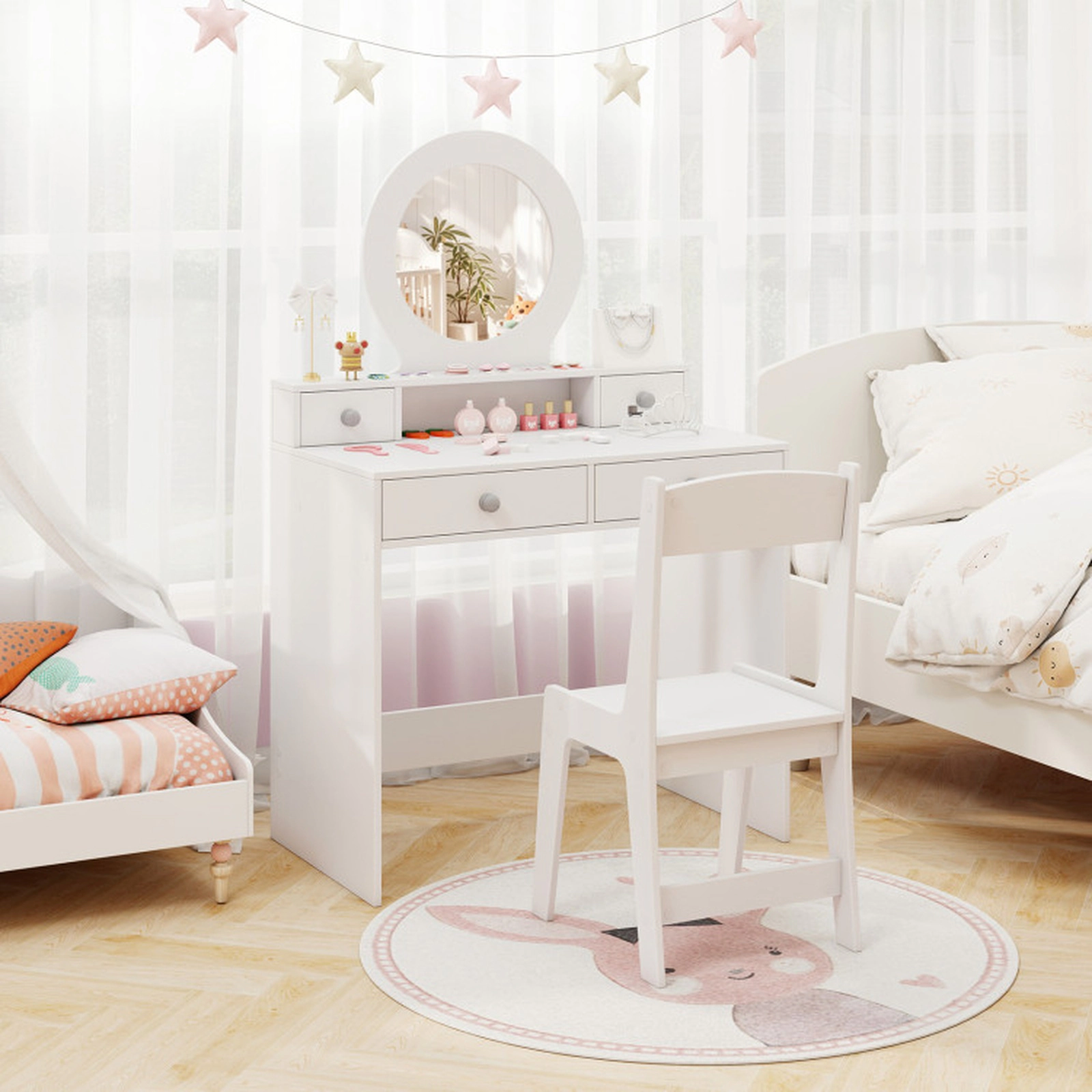 SUGIFT Kids Vanity Table and Chair Set with Acrylic Mirror 110-lb Tabletop 165-lb Chair Capacity Ages 3+ White
