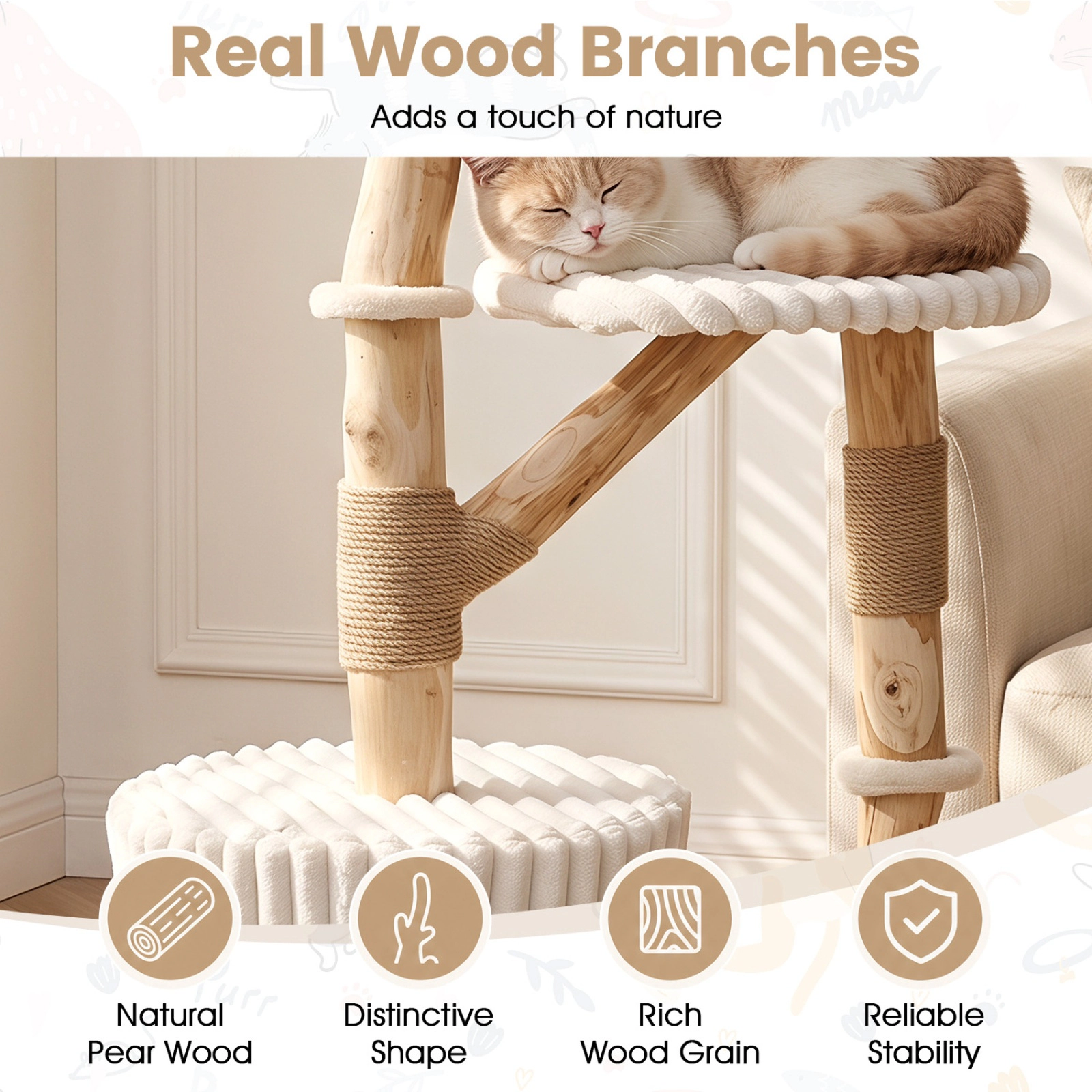 SUGIFT Beige 41 in Solid Wood Cat Tree with Real Branches and Cozy Condo Bed