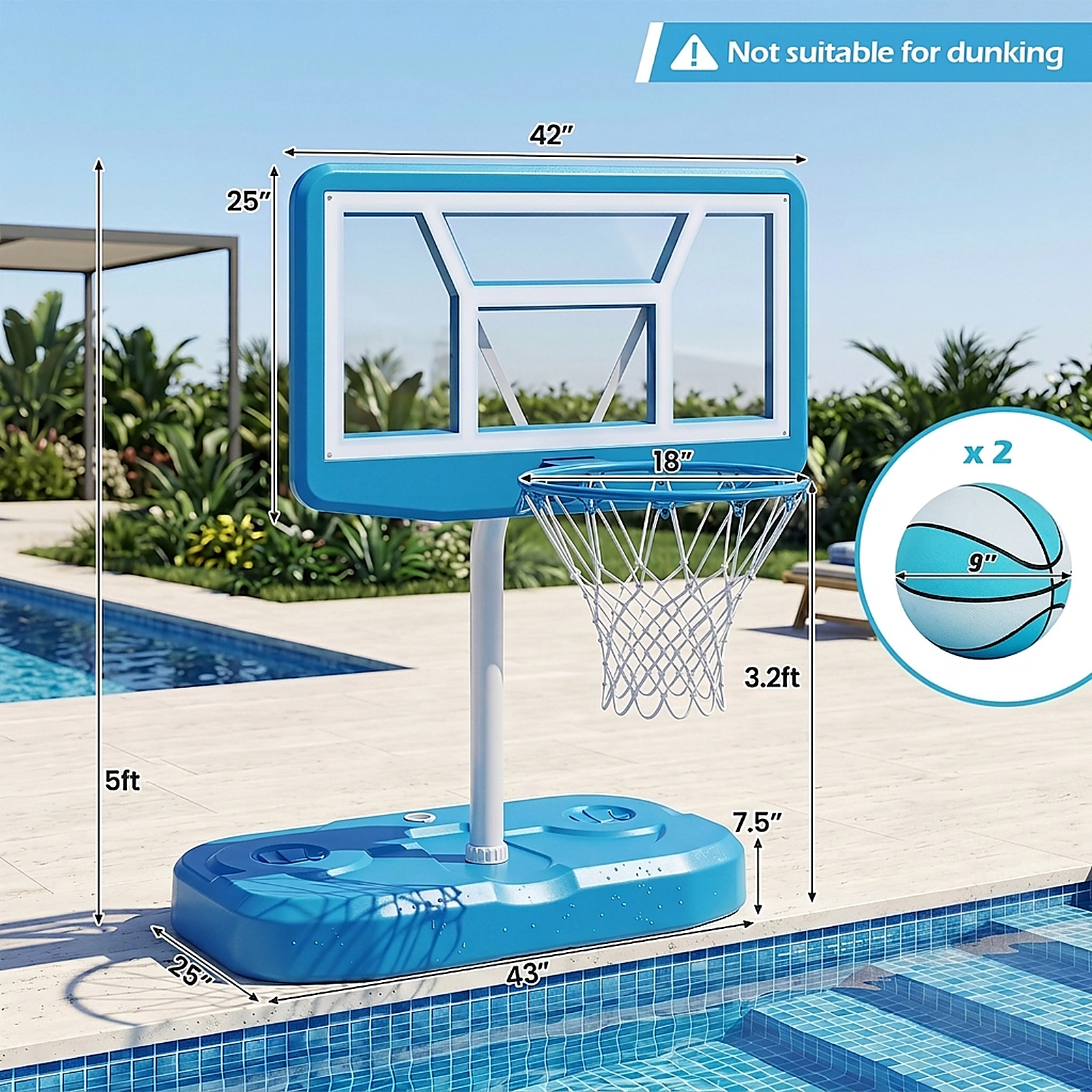 SUGIFT Kids Light Blue Pool Basketball Hoop Set with 2 Balls and Inflation Pump 42-in Backboard W 3.2-ft Rim H