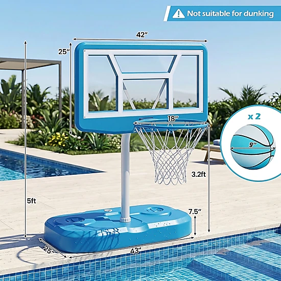 SUGIFT Kids Light Blue Pool Basketball Hoop Set with 2 Balls and Inflation Pump 42-in Backboard W 3.2-ft Rim H