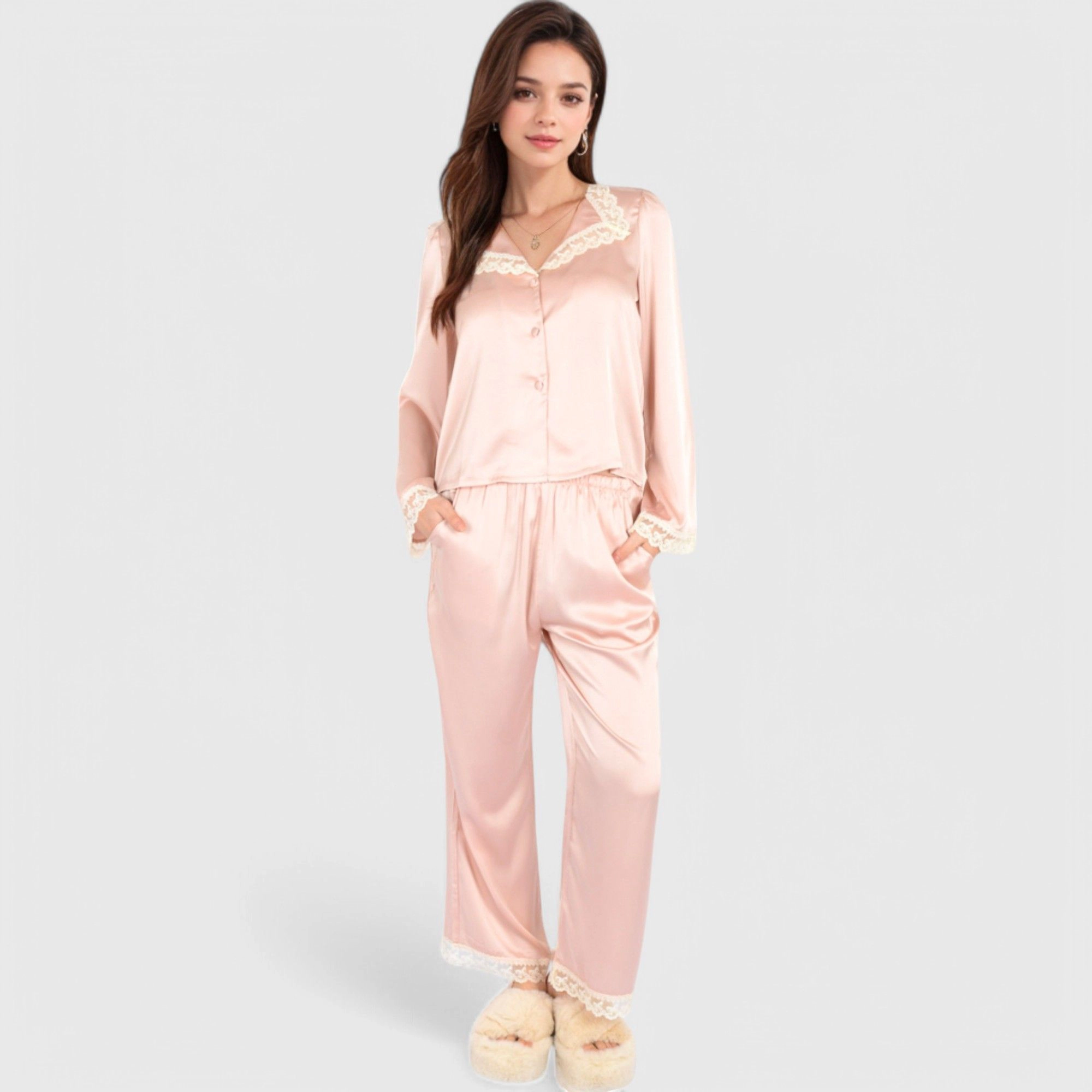 Anna-Kaci Women's Satin Pajama Set with Lace Trim and Button Up Long Sleeve Top