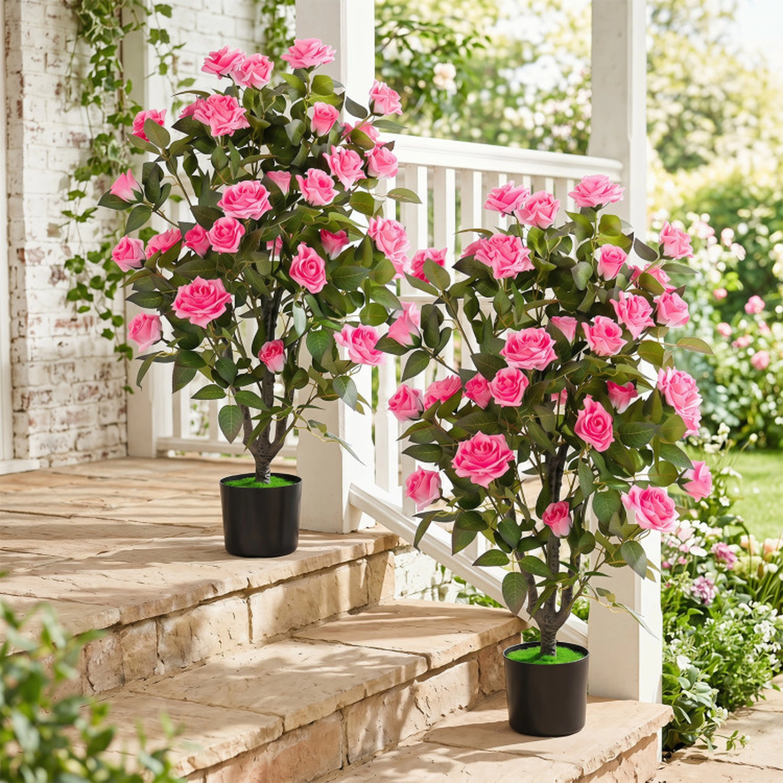 SUGIFT Set of 2 35.5-in 32 Blooms Silk Petals PE Trunks Artificial Rose Trees 6-in x 5-in Cement Pot 13-lb Pink