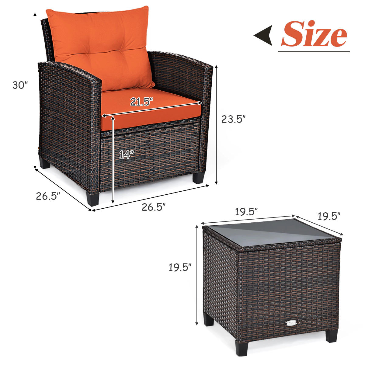 SUGIFT 3-Piece Rattan Patio Conversation Set with Washable Cushions 360-lb Chair Capacity Red Beige Turquoise