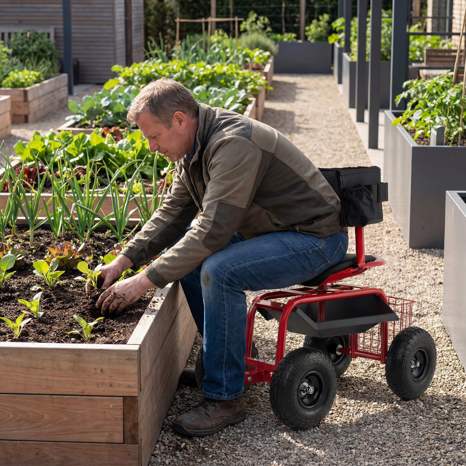 LJG Cushioned Rolling Garden Cart Scooter with Storage Basket and Tool Pouch