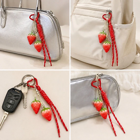 Alilang Women's 3D Strawberry Bag Charm Keychain with Heart Clasp and Braided Cord Tails, Lime Green