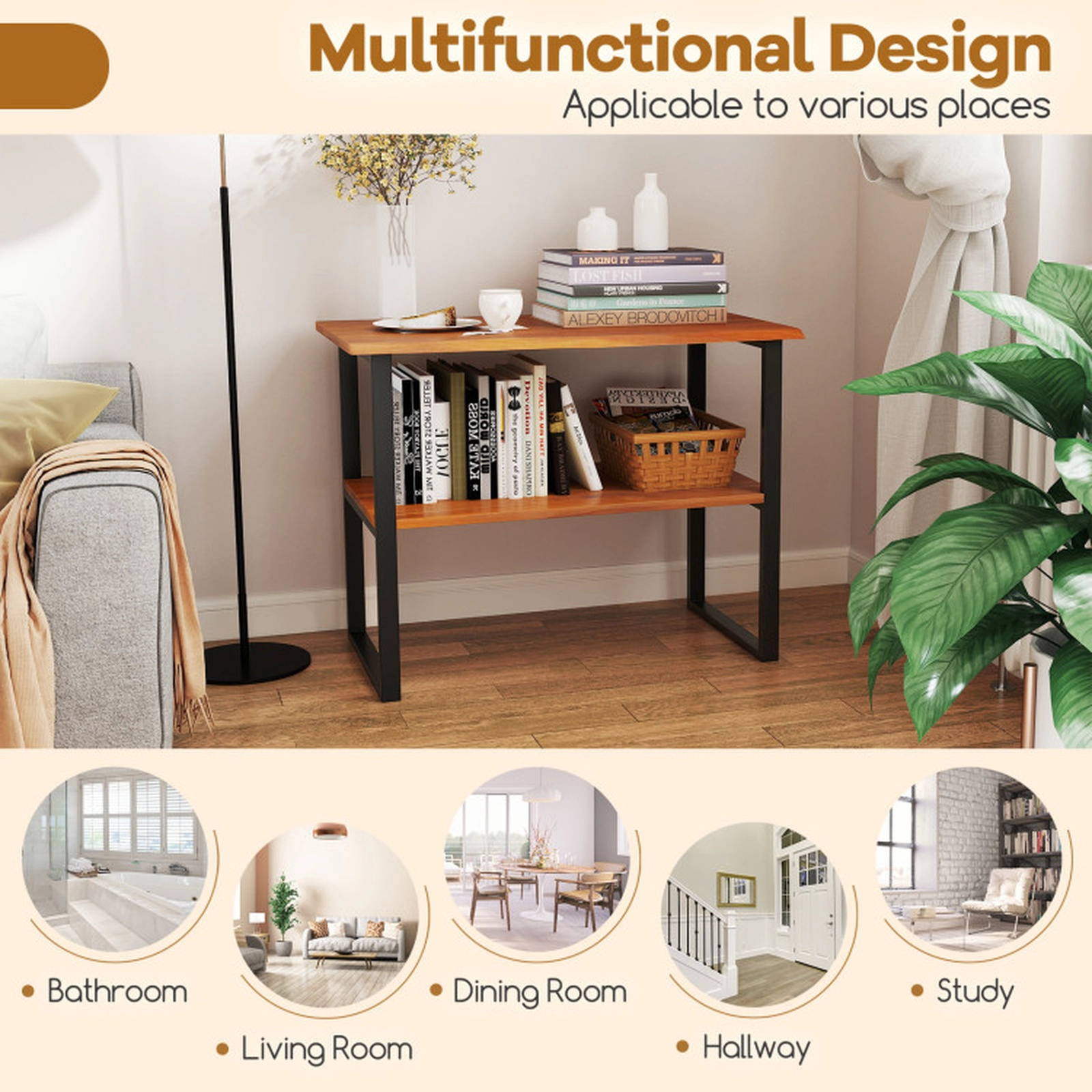 SUGIFT 35.5-in 44-lb Shelf 2-Tier Solid Teak Wood End Table Sofa Side Table with Waterproof Top