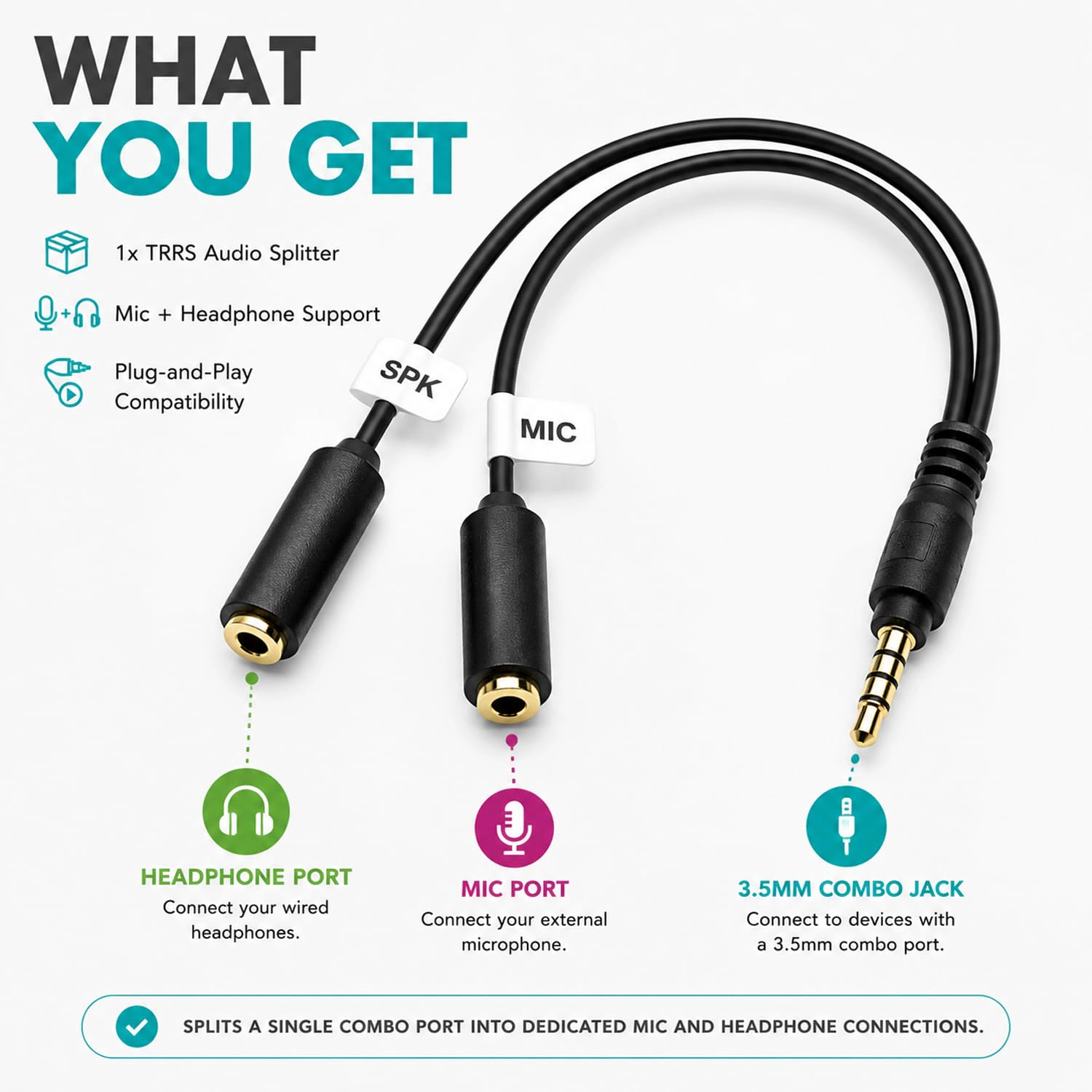 Movo TCB1 3.5mm TRS to TRRS Microphone Adapter for Smartphones – Mic Input with Headphone Monitoring Jack – Connect