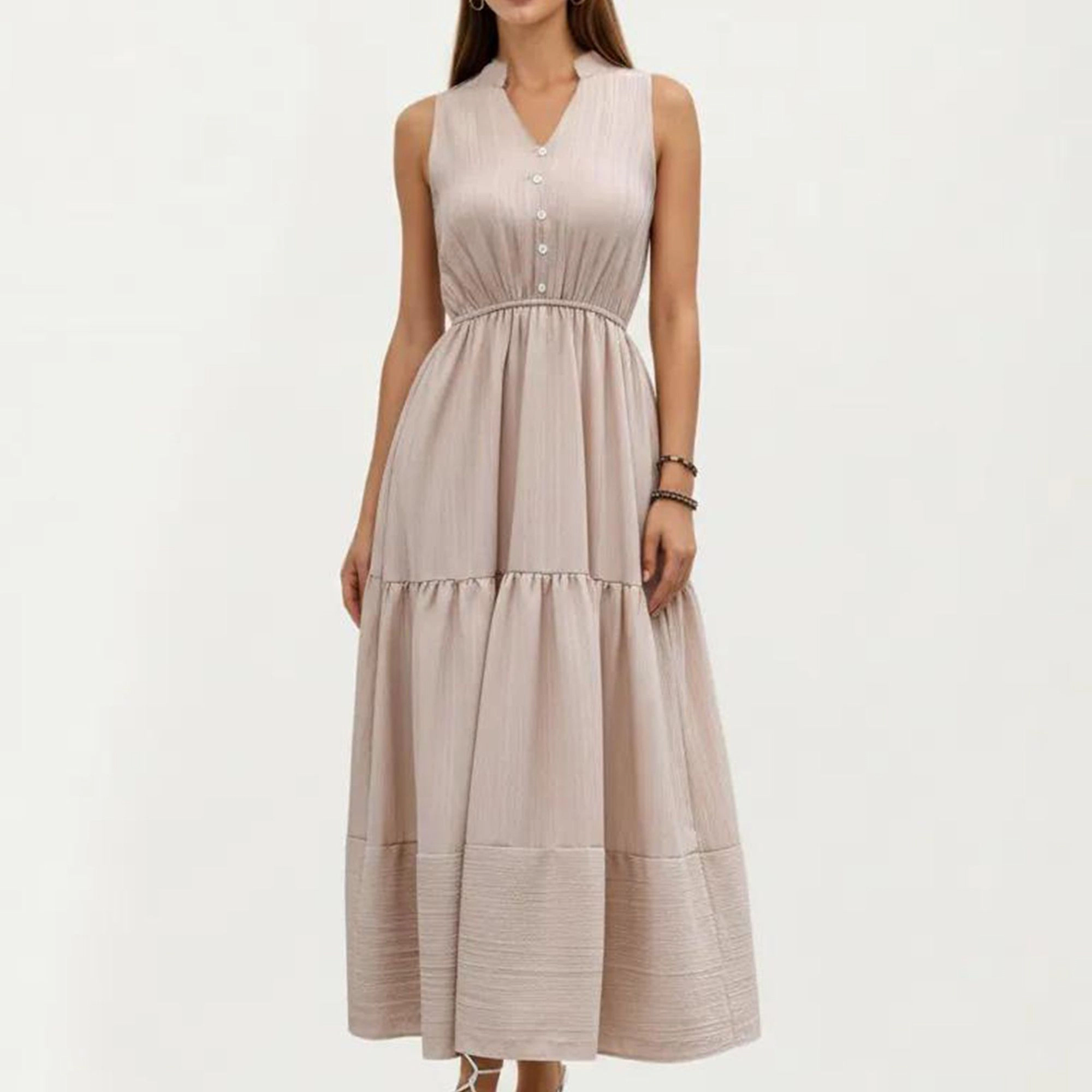 Anna-Kaci Women's Sleeveless Tiered Button Front V-Neck Elastic Waist Maxi Dress