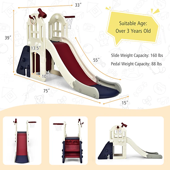 LJG 6-In-1 Large Slide for Kids Toddler Climber Slide Playset with Basketball Hoop